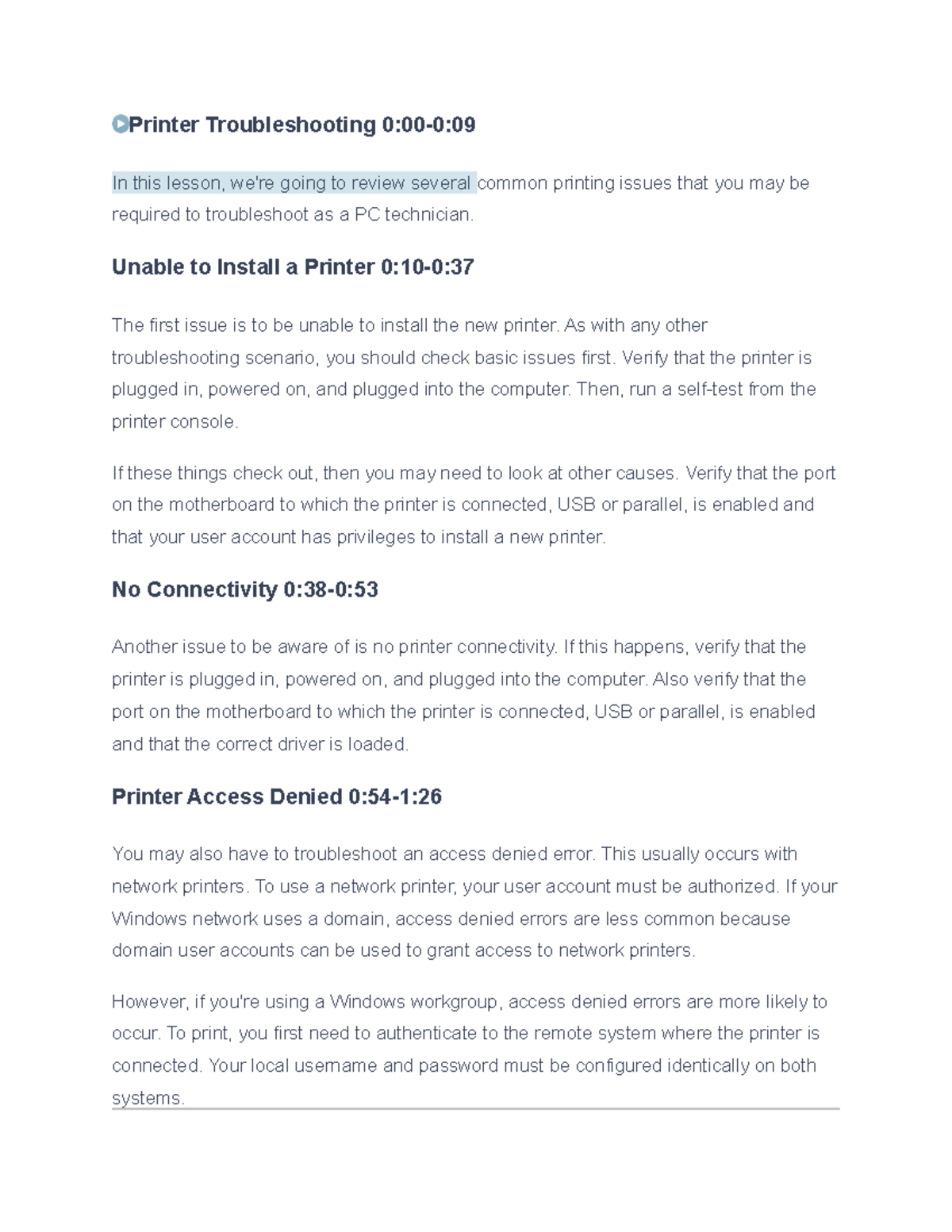 13.4.1 Printer Troubleshooting - Printer Troubleshooting 0:00-0: In ...