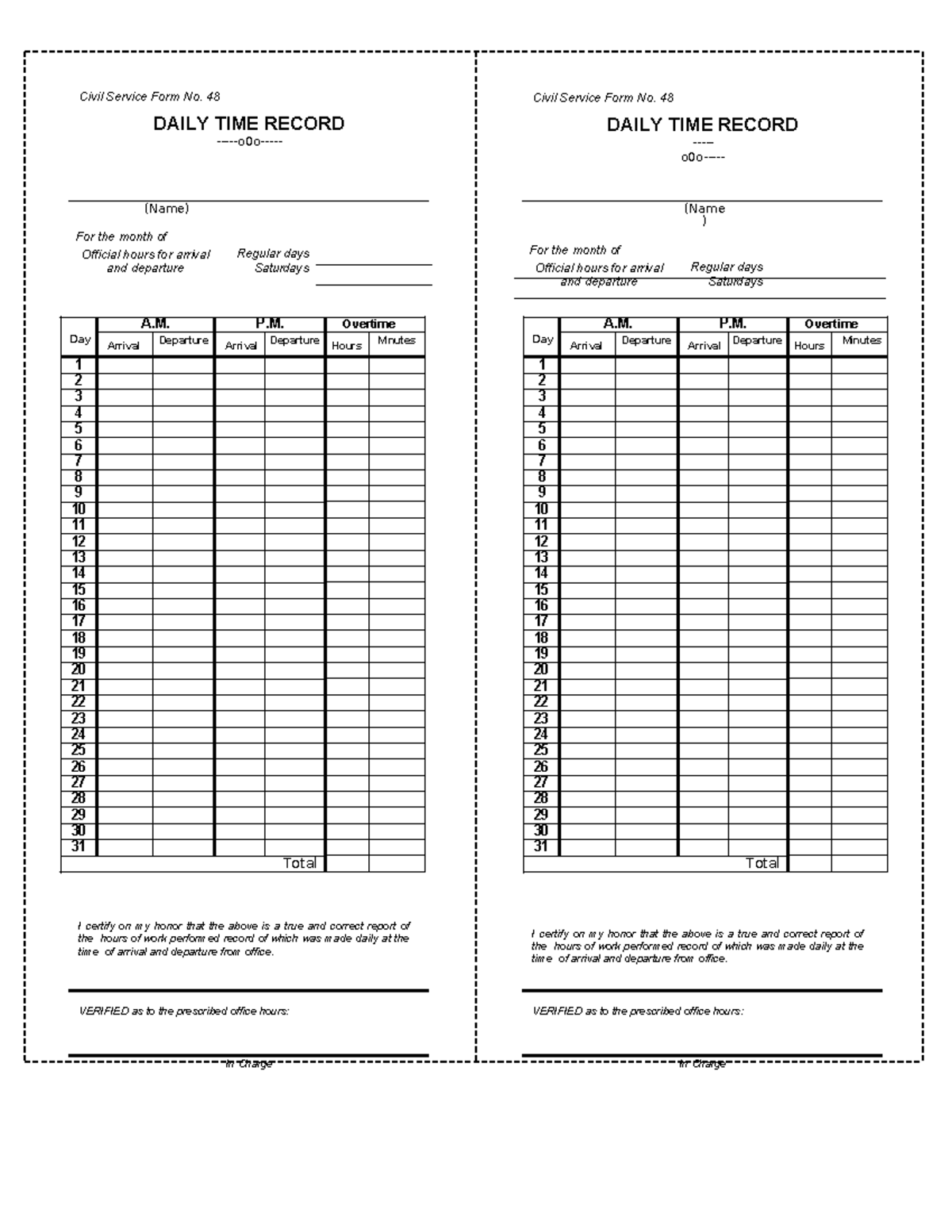 Pdfcoffee - DTR - Civil Service Form No. 48 DAILY TIME RECORD -o0o ...