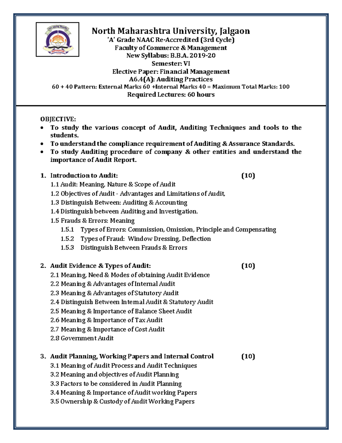 B.B.A. Semester VI Elective: Auditing Practices Syllabus Overview - Studocu