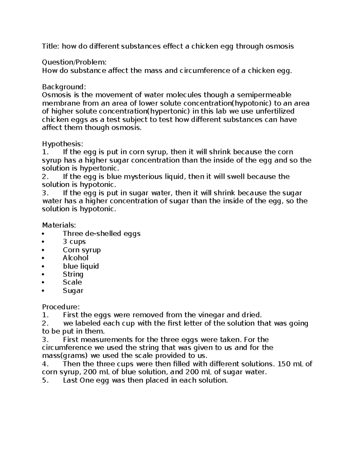 Title: BIO101 Lab: Effects of Substances on Chicken Egg Osmosis - Studocu