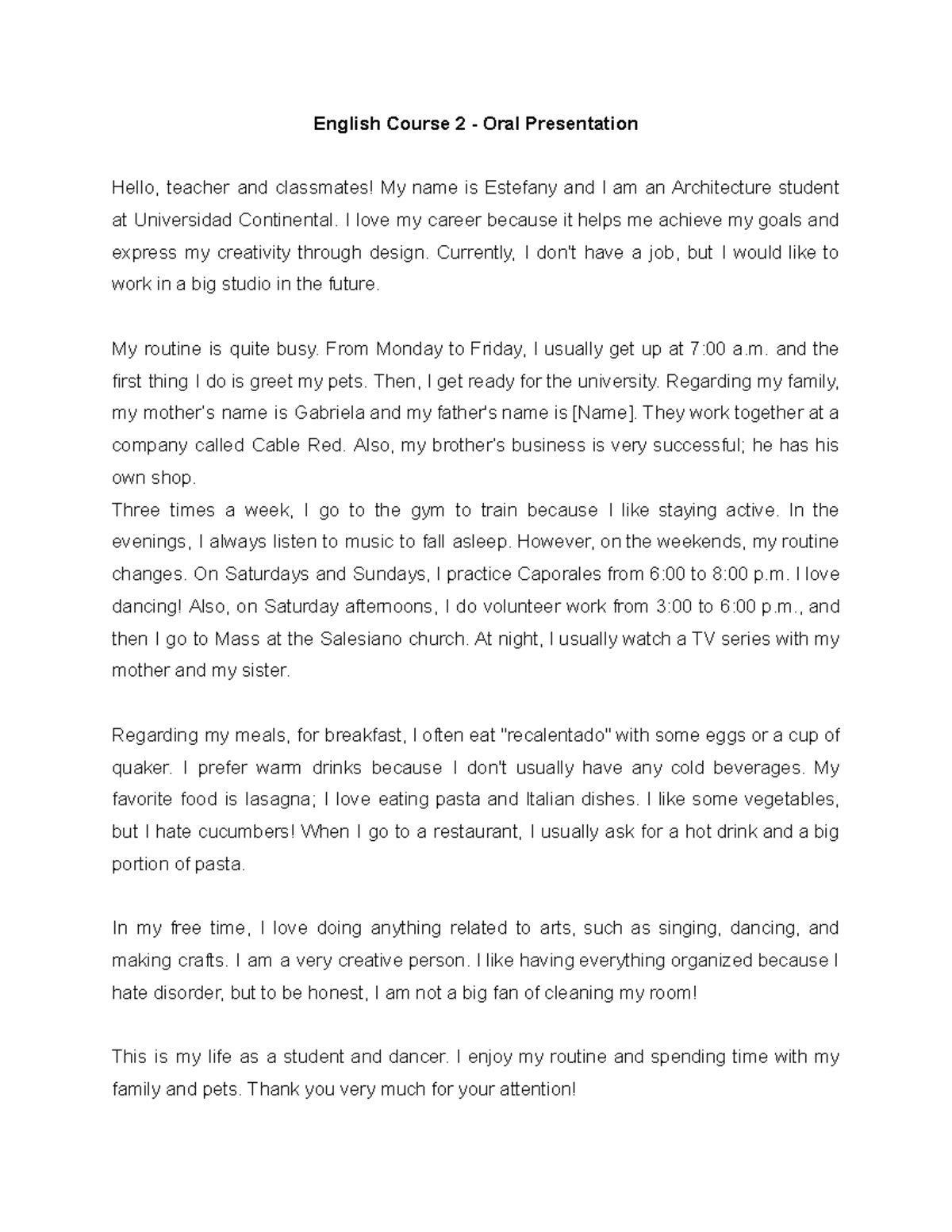 English Course 2 - Oral Presentation Example Text - Studocu