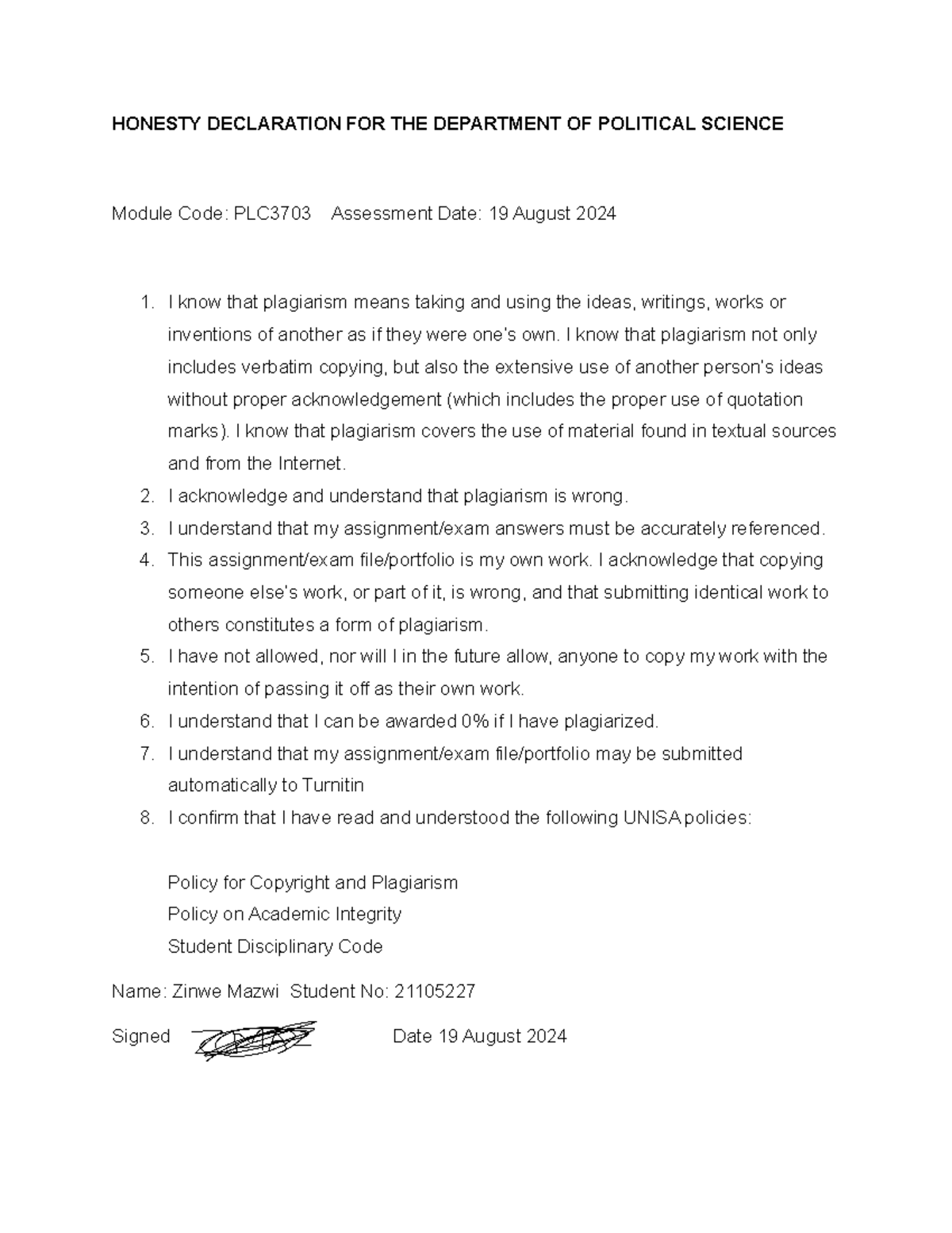 PLC3703 Honesty Declaration and Assignment Guidelines - Studocu