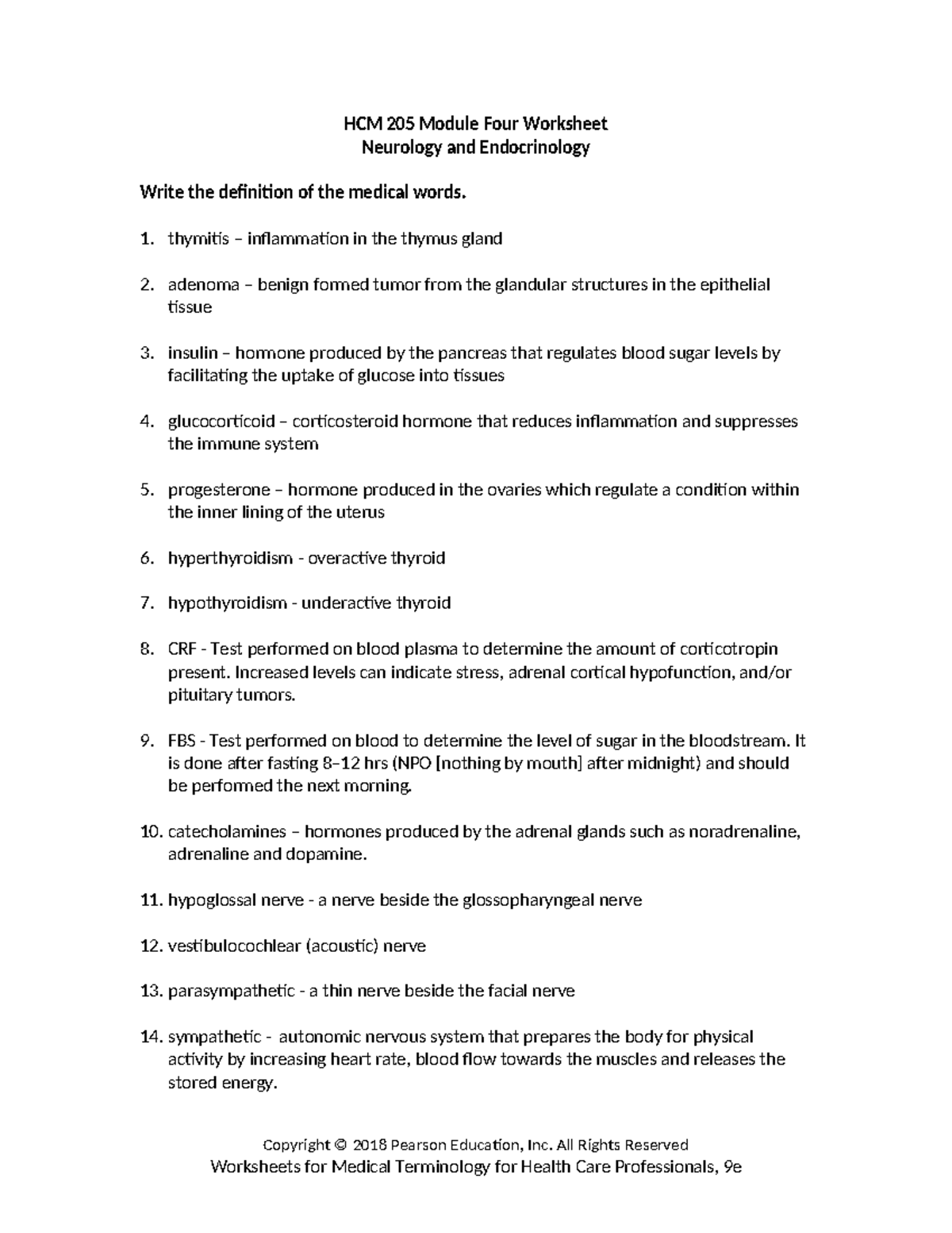 HCM 205 Module Four Worksheet: Neurology & Endocrinology Terms - Studocu