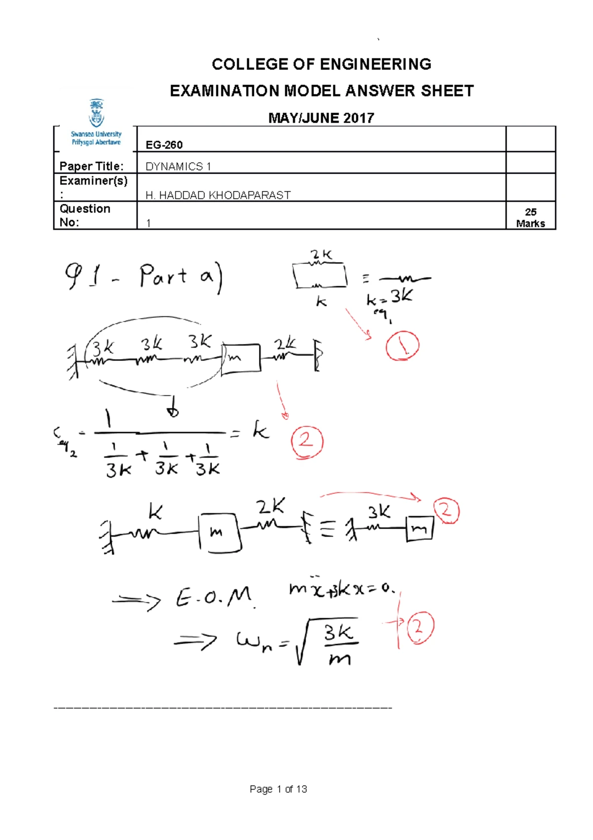 Dynamics Example Sheet 2 - Part 1 (EOM Derivations & Responses) - Studocu