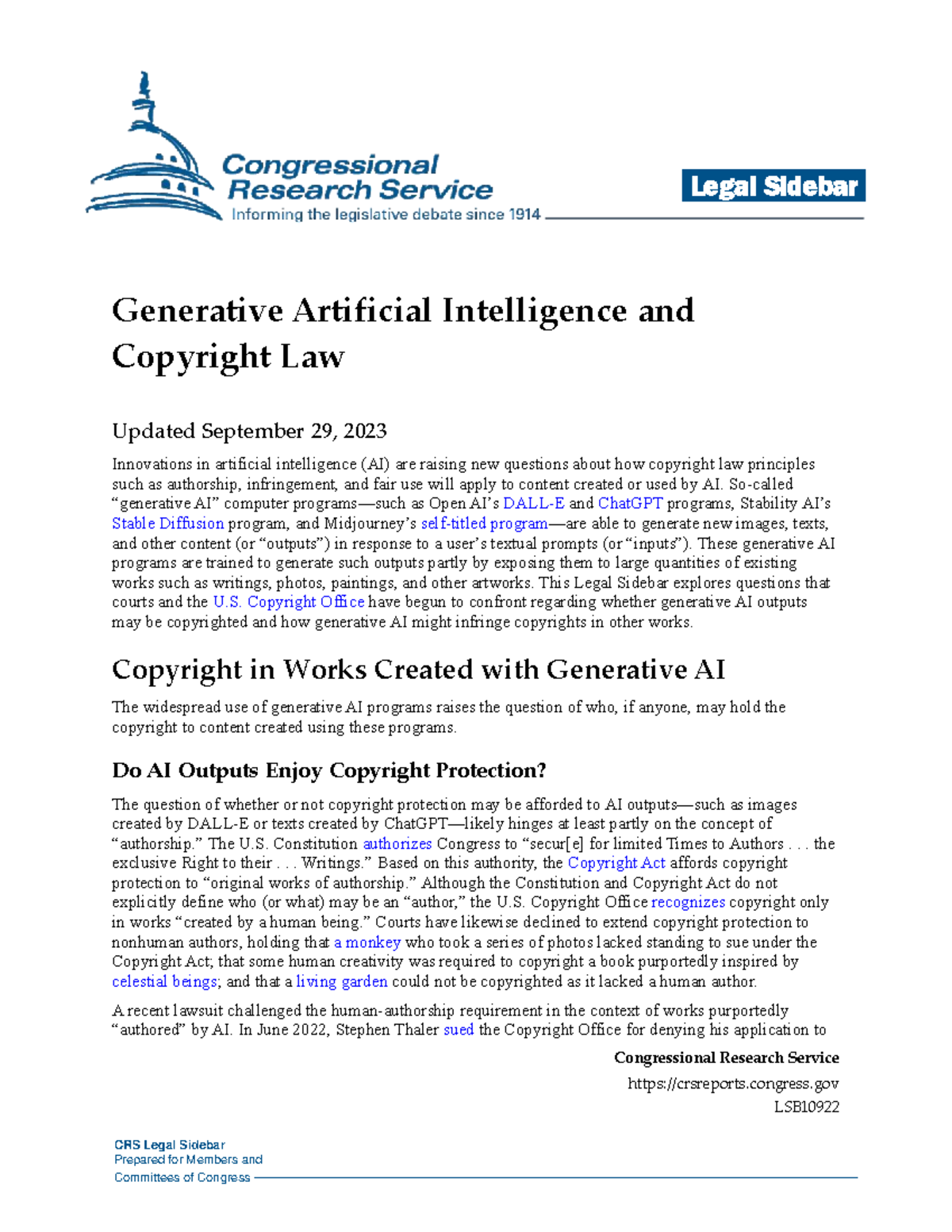 AI AND Copyright LAWS - CRS Legal Sidebar Prepared for Members and ...