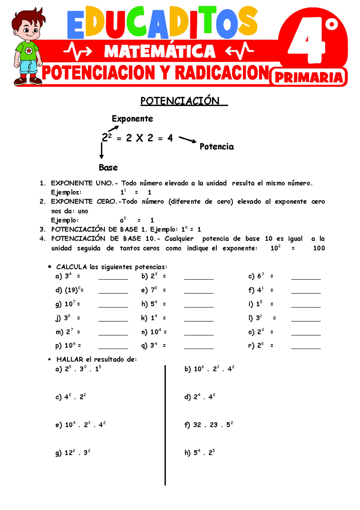 Potenciación y Radicación para 4to Grado - Actividades y Ejercicios - Document Preview