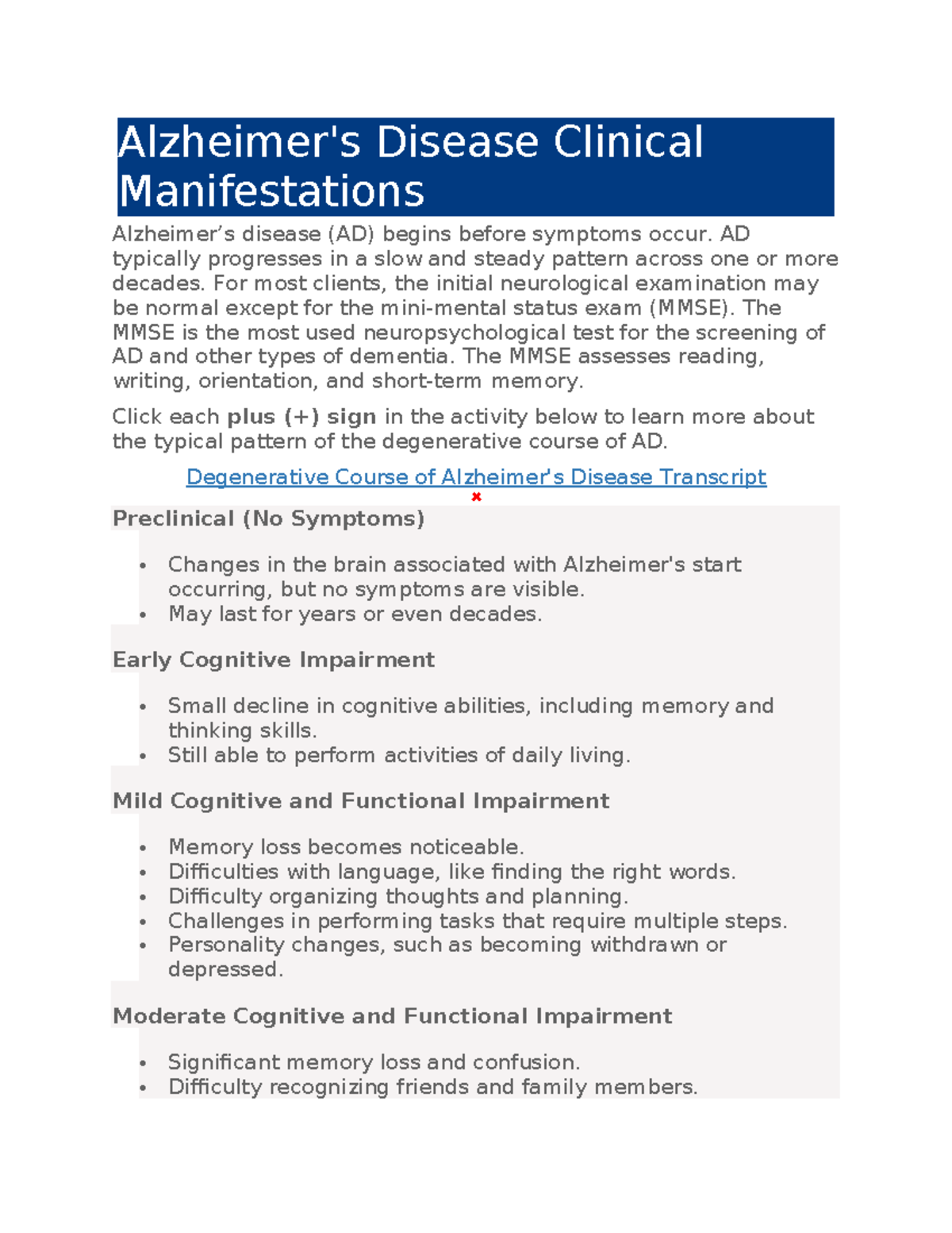 Alzheimer's Disease (AD) Clinical Manifestations Overview - Studocu