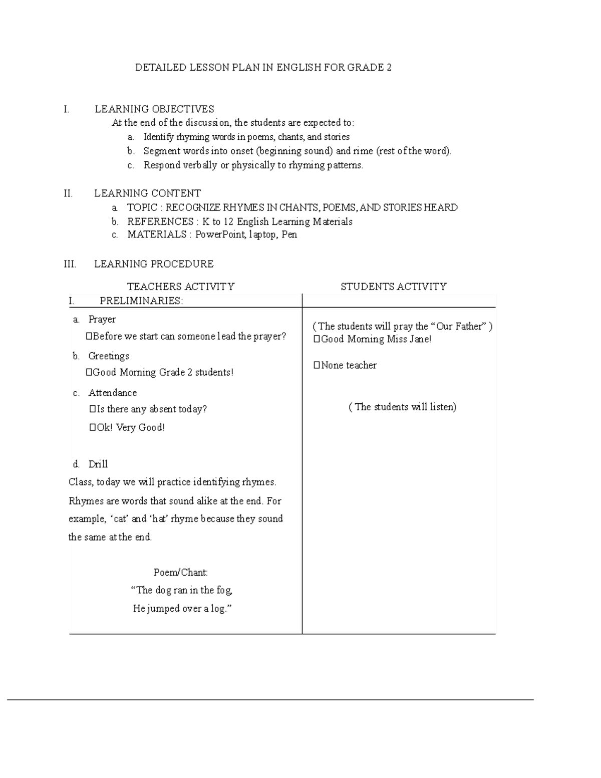 Grade 2 English Lesson Plan: Recognizing Rhymes in Poems - Studocu