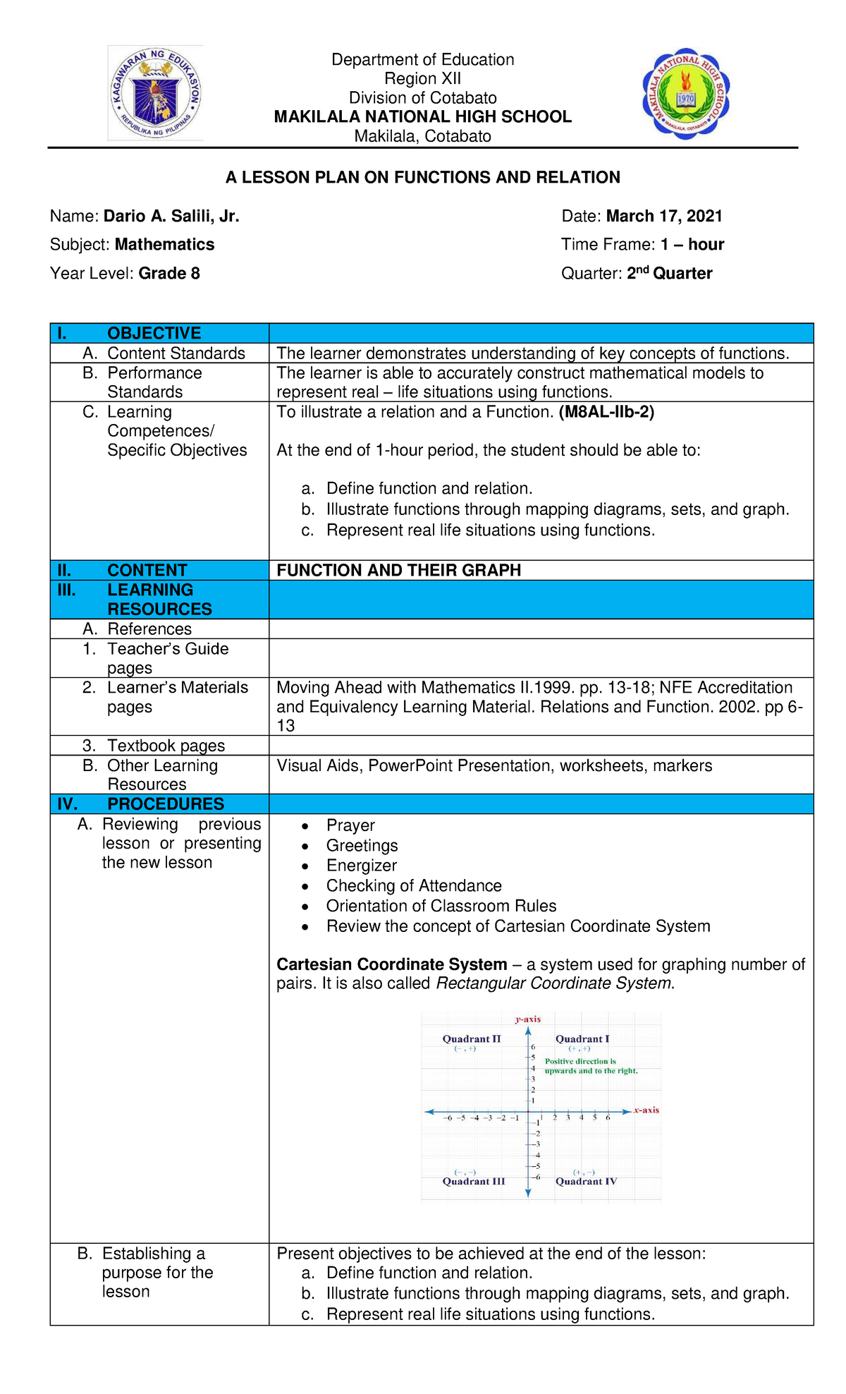 Final Lesson Plan on Functions and Relations - MATH 8 - 2nd Quarter ...
