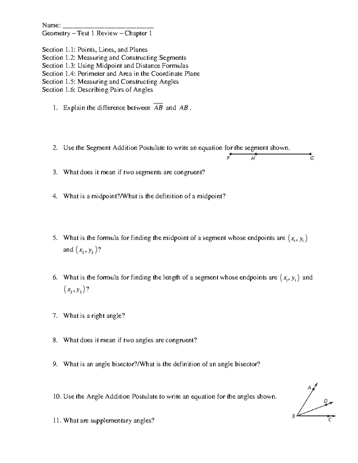 Geometry Test 1 Review: Key Concepts and Formulas from Chapter 1 - Studocu