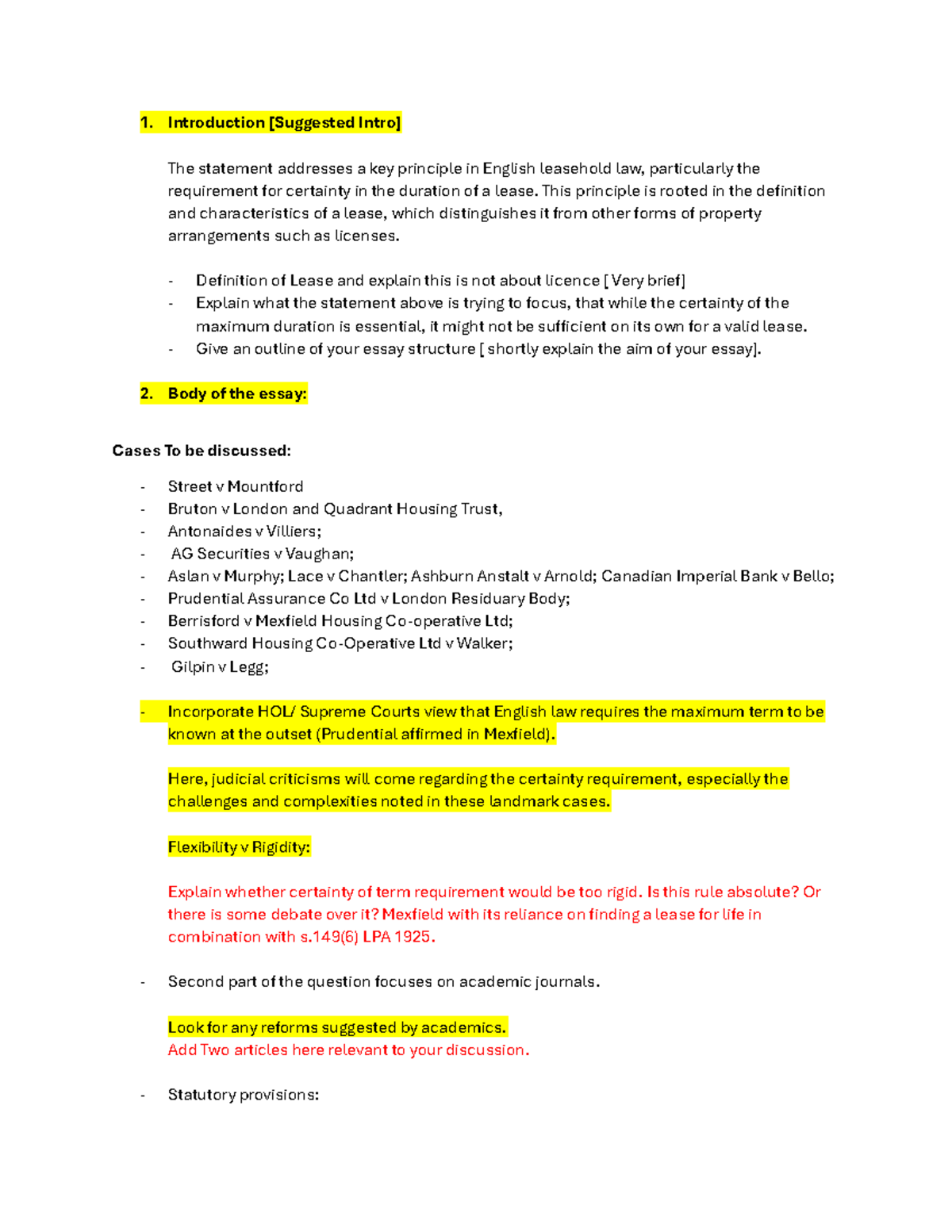 Leasehold Law Essay Structure: Certainty in Duration Analysis - Studocu