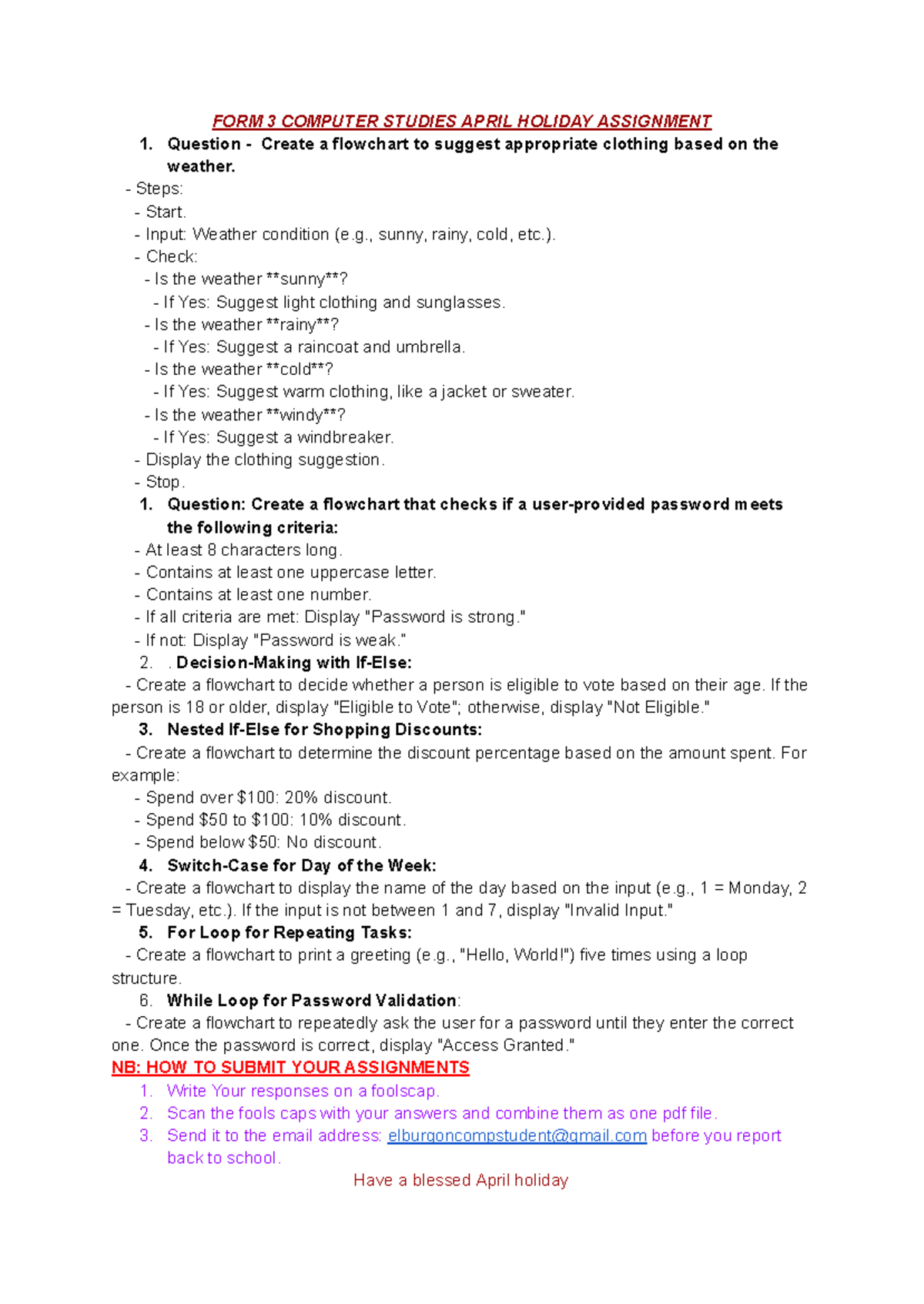 Form 3 computer studies April holiday assignment: Flowchart tasks - Studocu