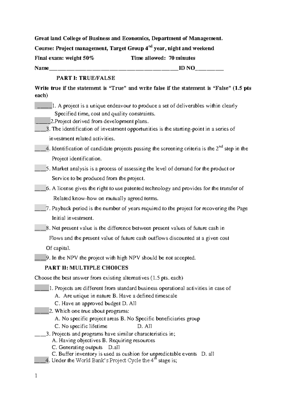 Project Management Final Exam (PMGT 2018) - 4th Year Night Class - Studocu