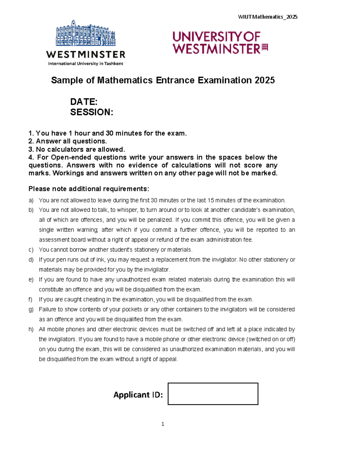 WIUT Mathematics_2025 Sample Exam Questions and Guidelines - Studocu