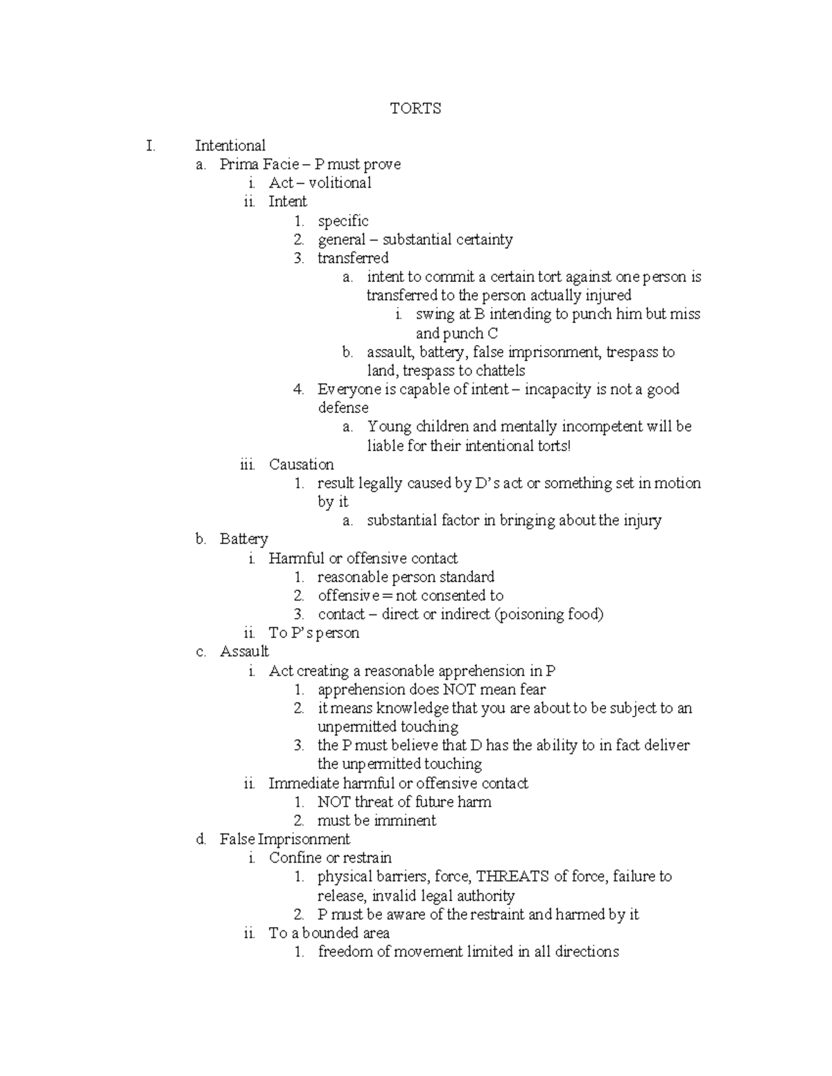 TORTS I: Intentional Torts Overview and Key Concepts Outline - Studocu
