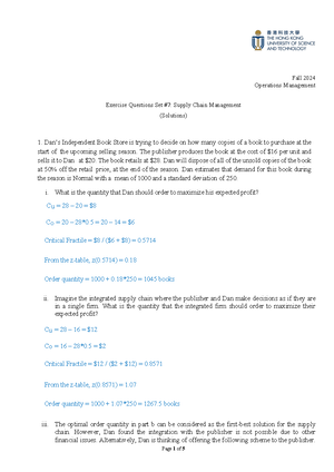 Exercise 1 ISOM2700 (Question) - Fall 2024 Operations Management ...