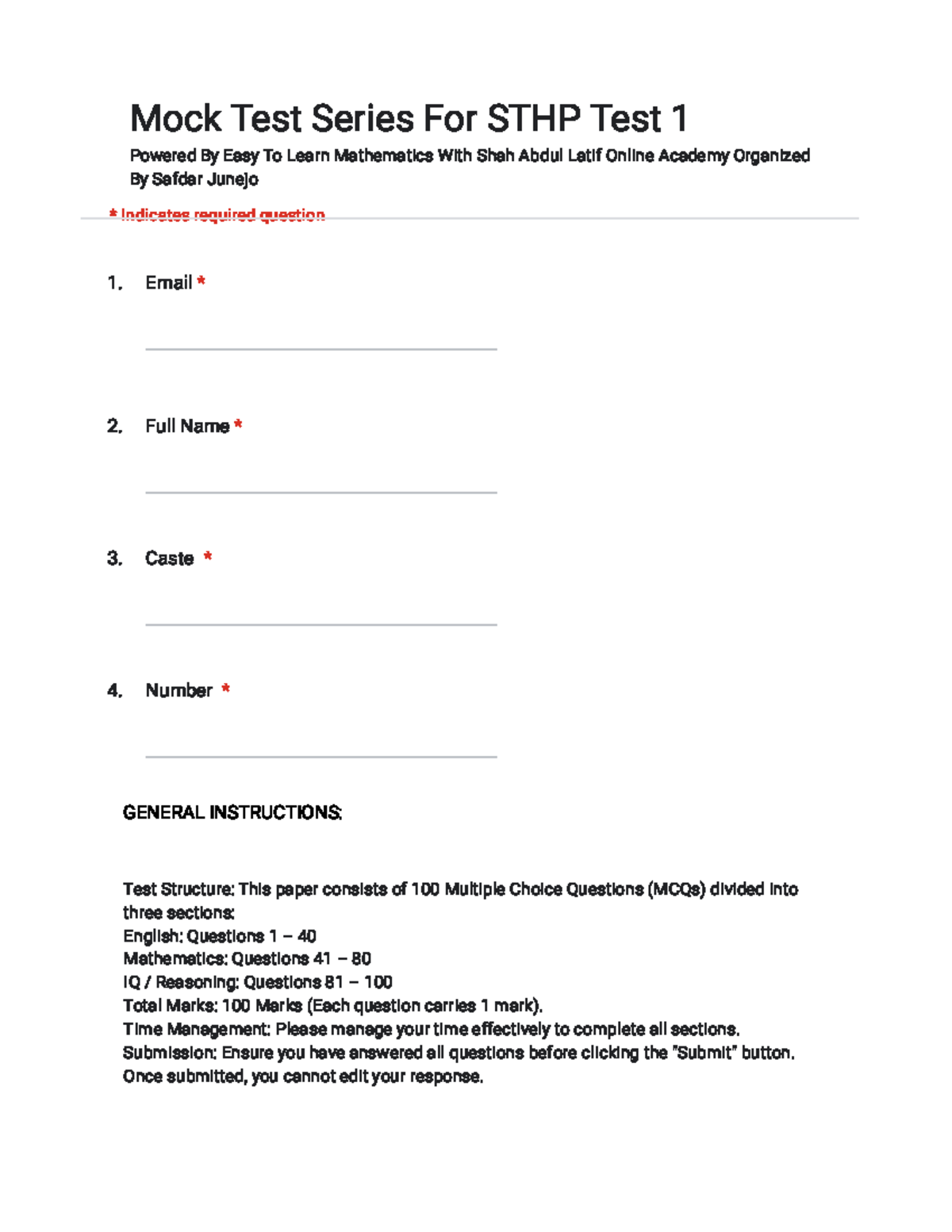 Mock Test Series for STHP Test 1: Mathematics & English MCQs - Studocu