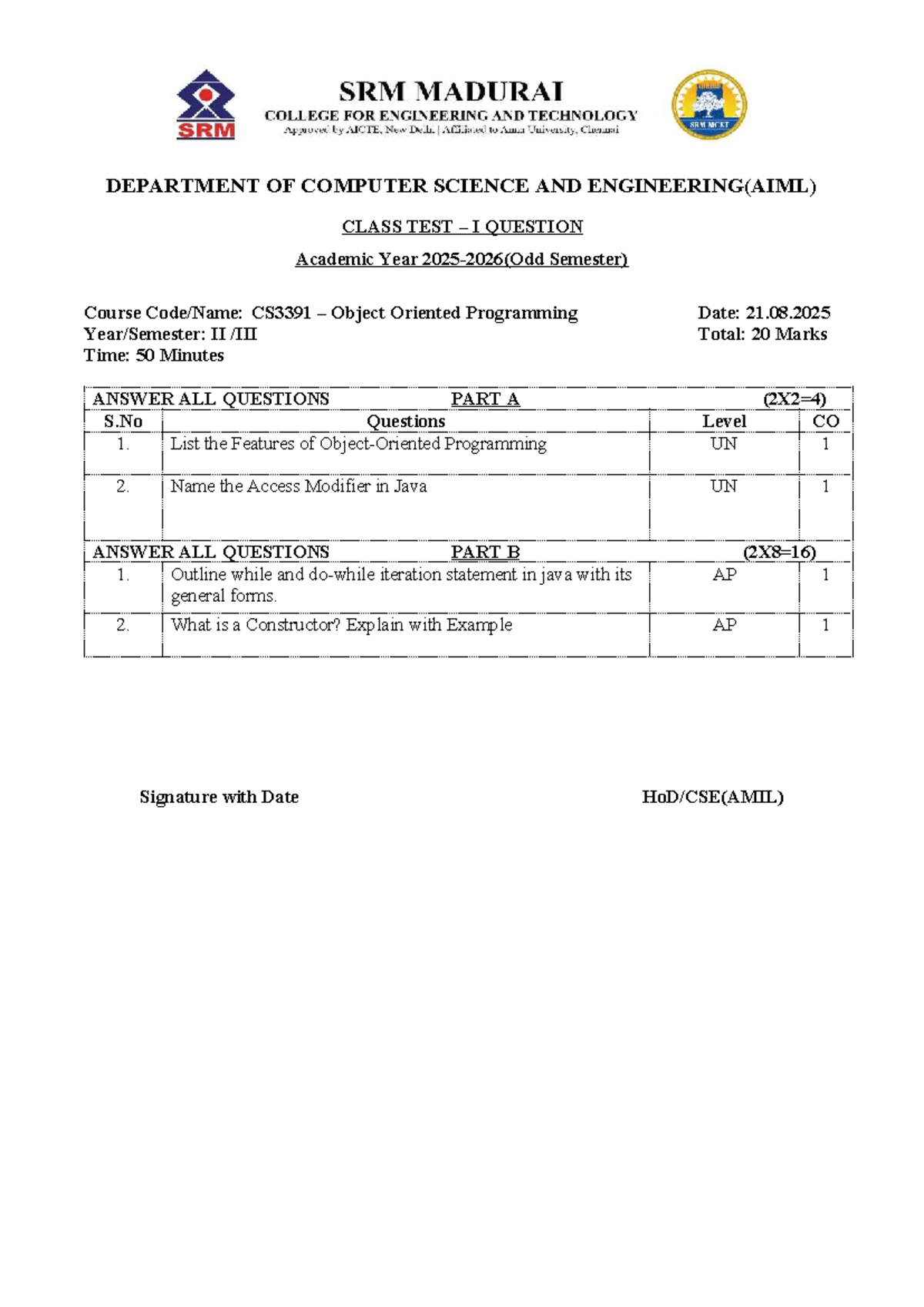 Class Test 1 QP OOPS - Question paper - DEPARTMENT OF COMPUTER SCIENCE ...