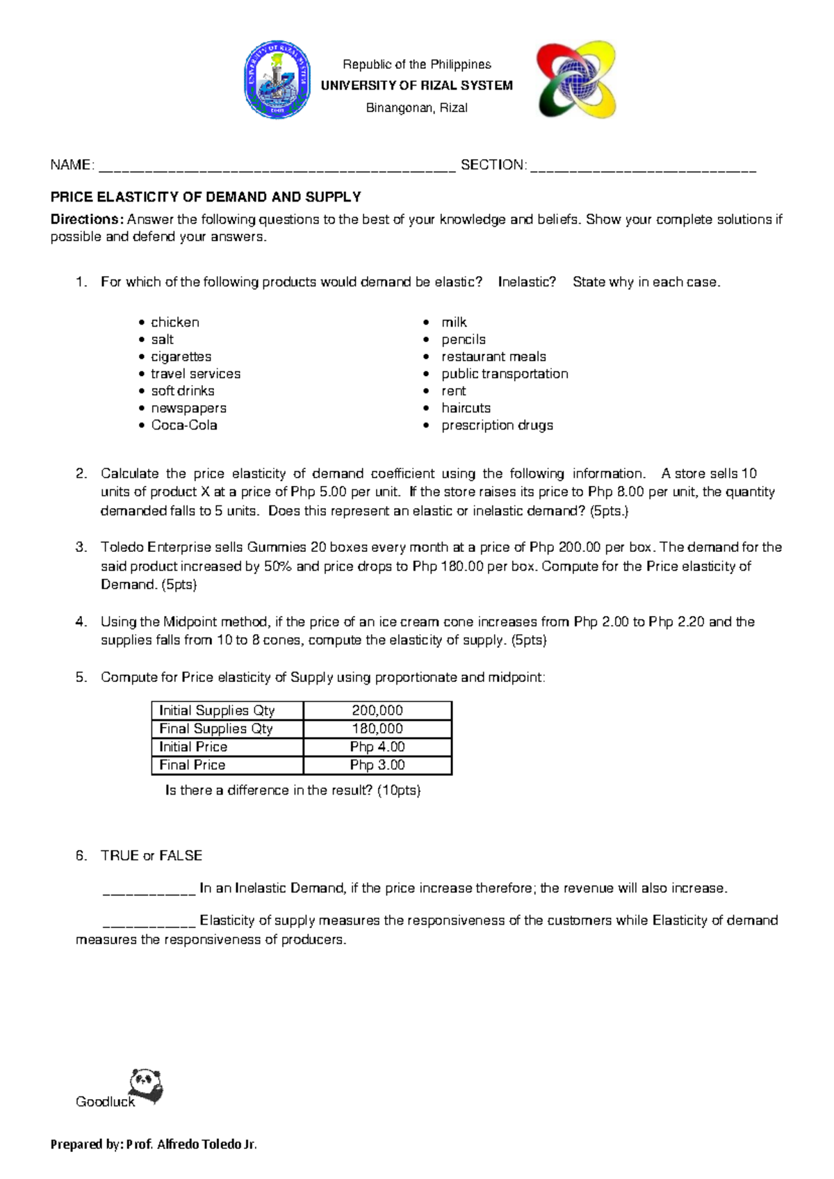 Price Elasticity of Demand & Supply Activity - ECON 101 - Studocu