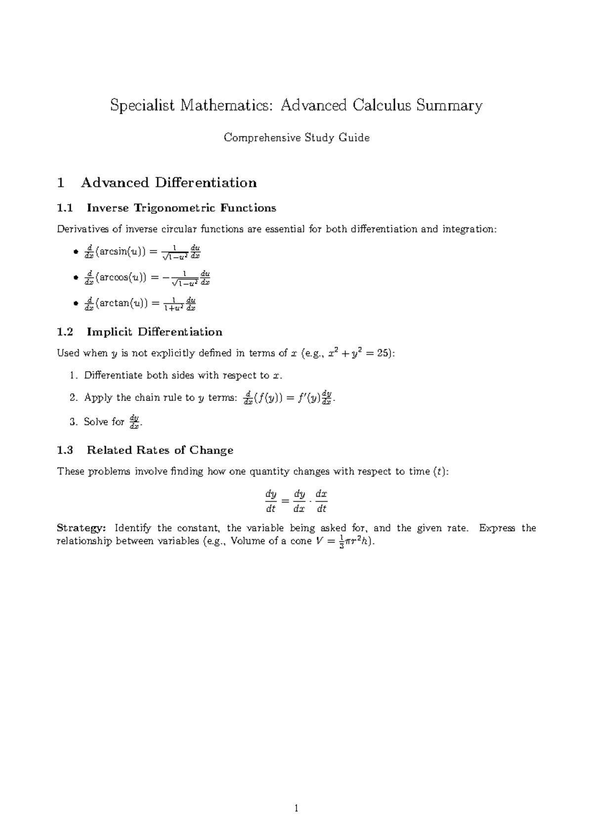 Specialist Mathematics: Advanced Calculus Study Guide 1 - Studocu