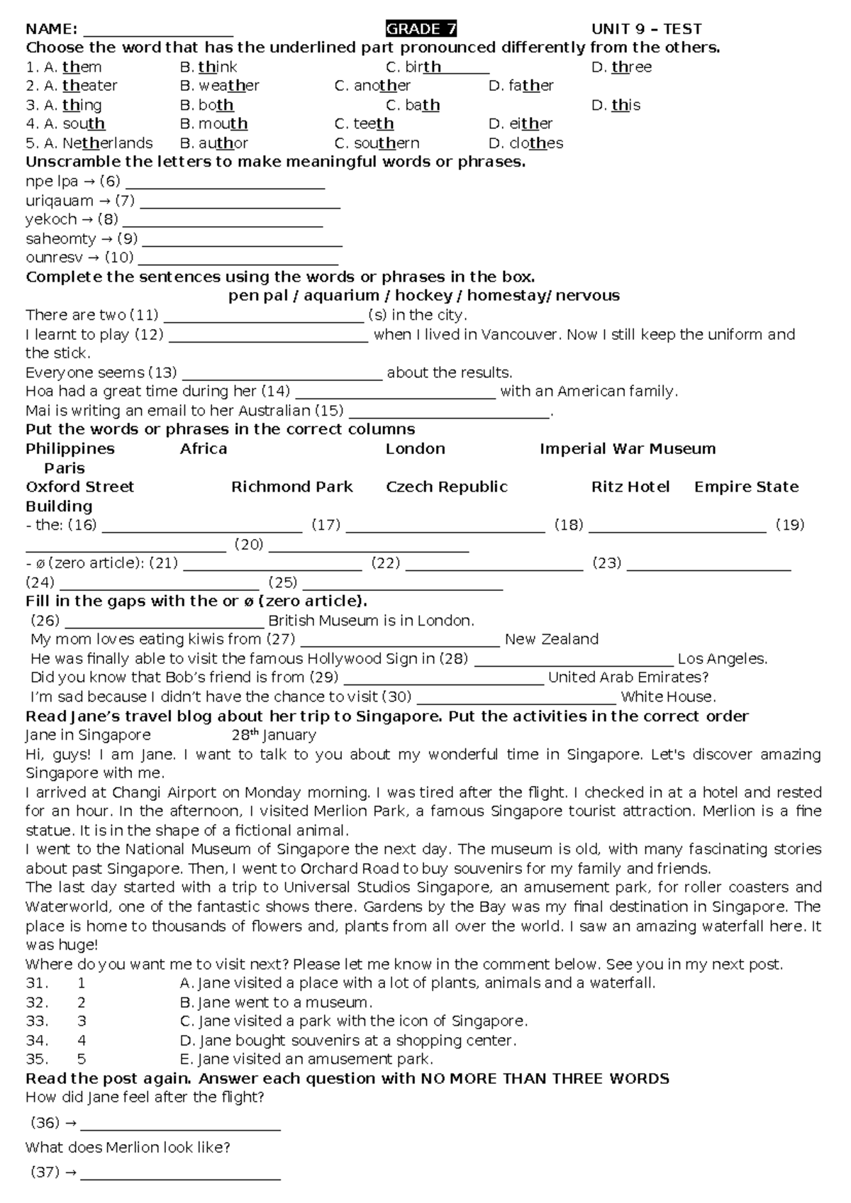 Grade 7- unit 9 - TEST - NAME: _____________________ GRADE 7 UNIT 9 ...