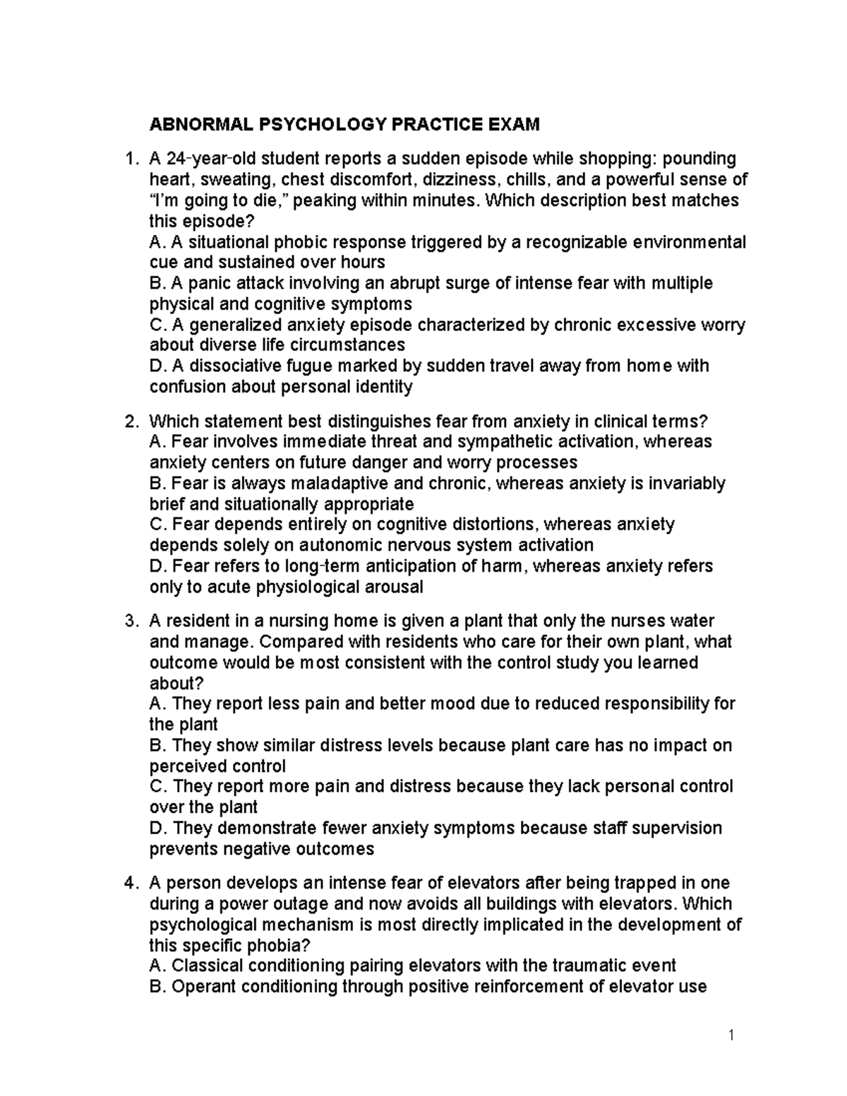 Abnormal Psychology Practice Exam: Key Concepts and Questions - Studocu