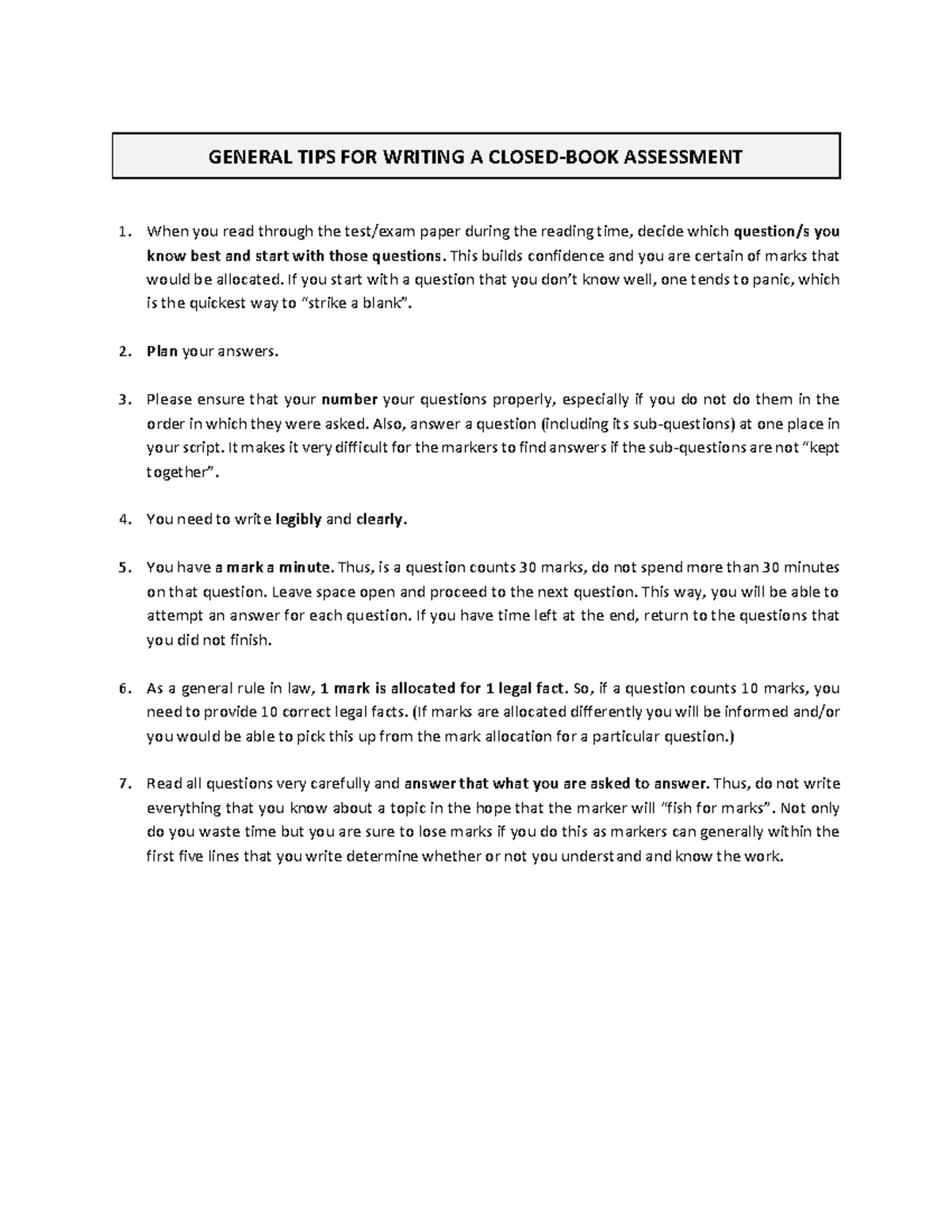 General tips for law closed-book assessments - GENERAL TIPS FOR WRITING ...