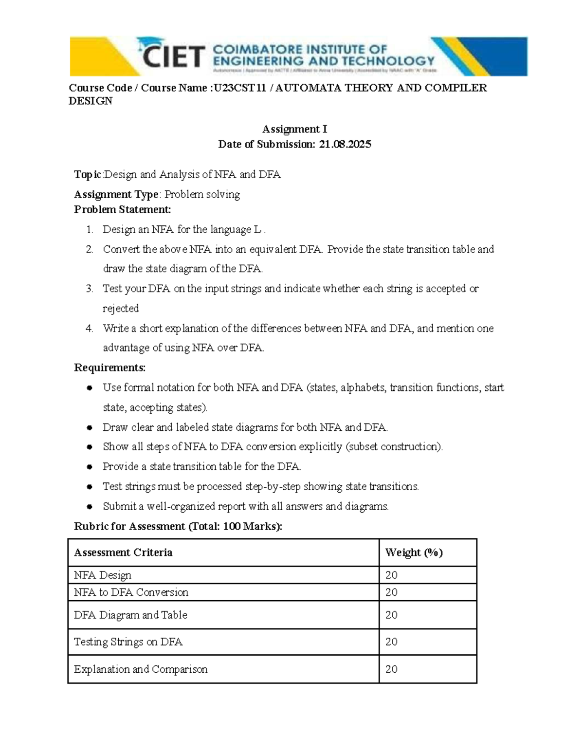 U23CST11 Automata Theory & Compiler Design: Assignment I - NFA & DFA ...