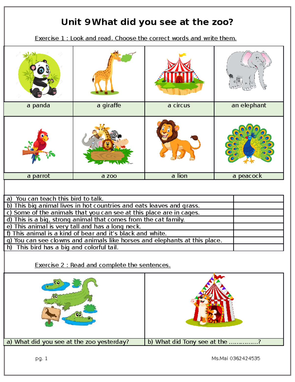 Unit 9 - Exercise Practice on Animals at the Zoo - Studocu