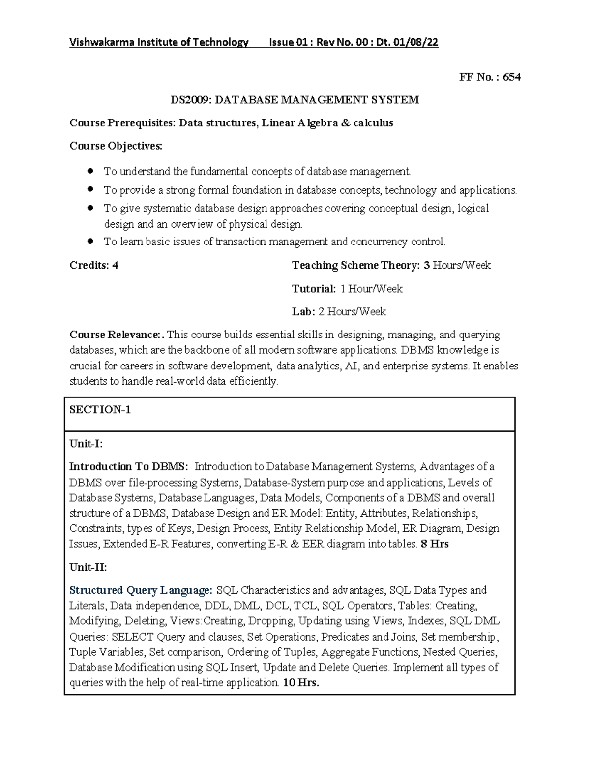 DBMS Syllabus (DS2009): Comprehensive Course Overview and Objectives ...