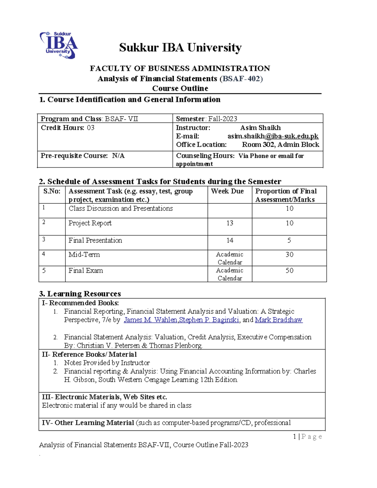 Course Outline for Analysis of Financial Statements BSAF-402 Fall 2020 ...