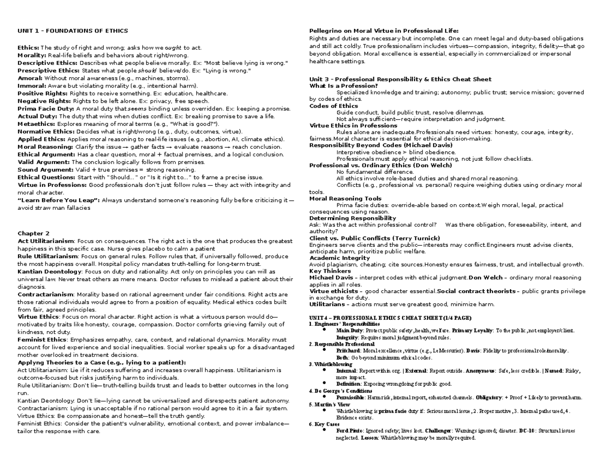 UNIT 1 FOUNDATIONS OF ETHICS: Key Concepts and Theories Refresher for ...