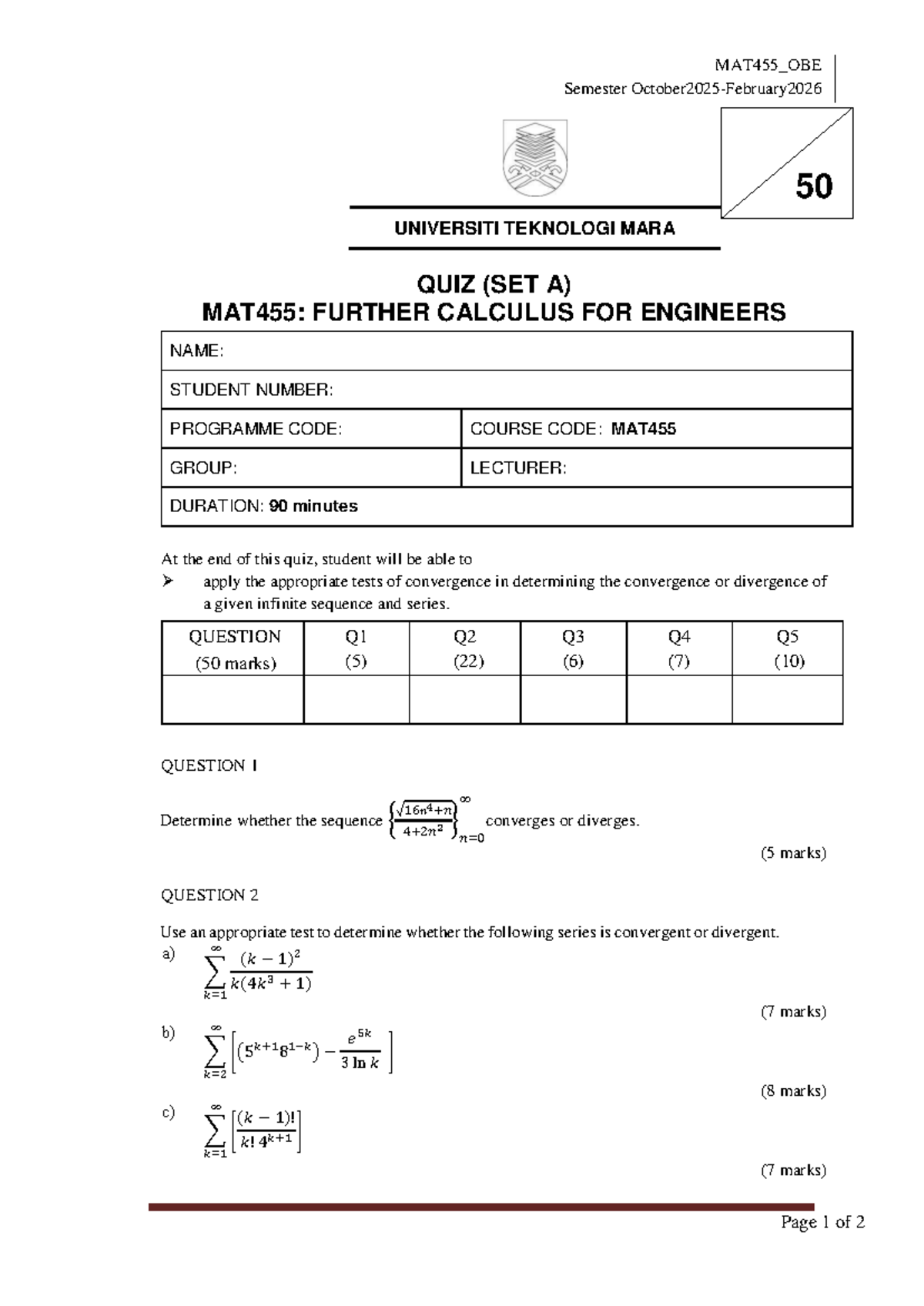 MAT455_OCT25 Quiz: Further Calculus for Engineers (Set A) - Studocu