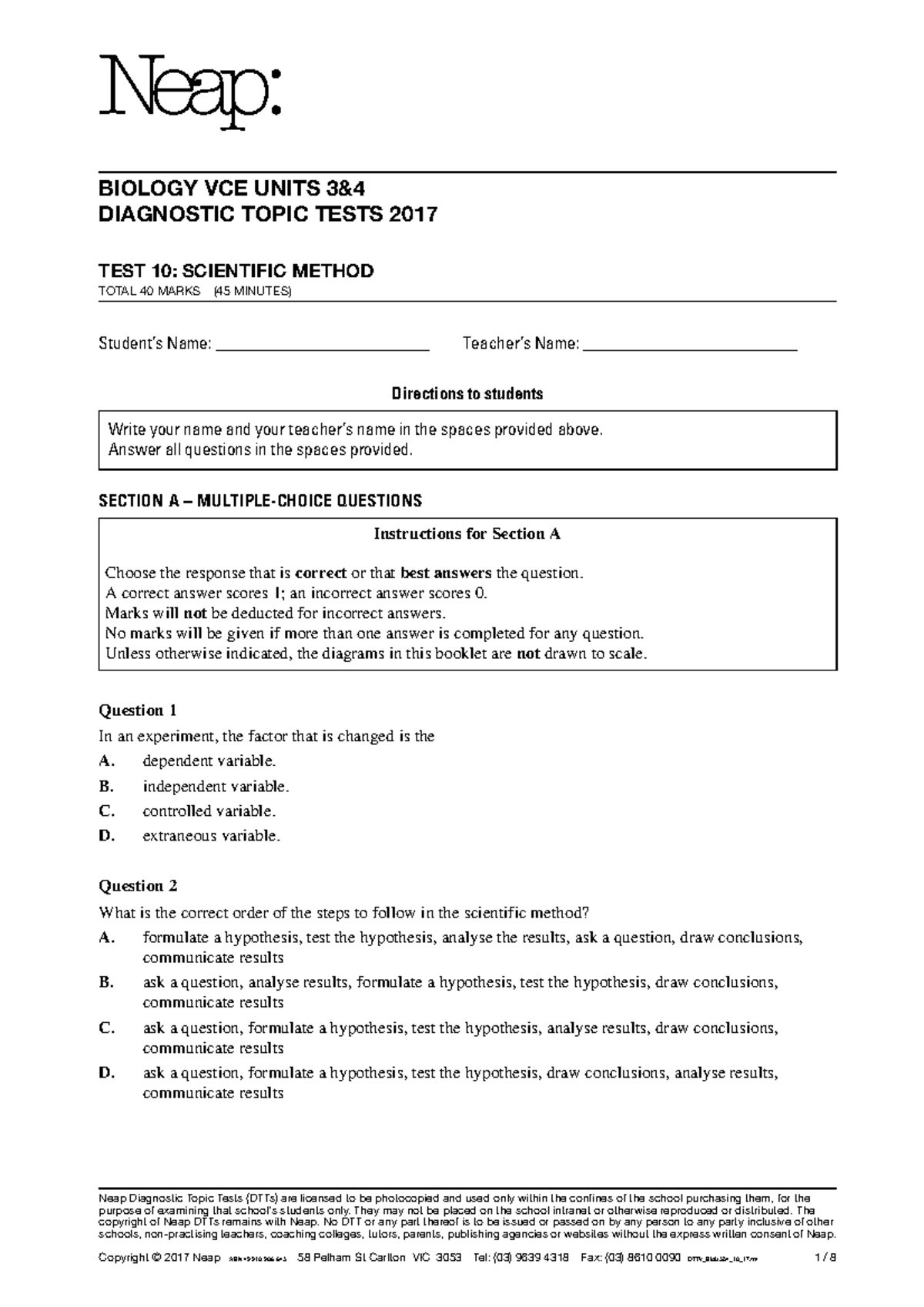 BIOLOGY VCE UNITS DIAGNOSTIC TOPIC TEST 2017: SCIENTIFIC METHOD - Studocu