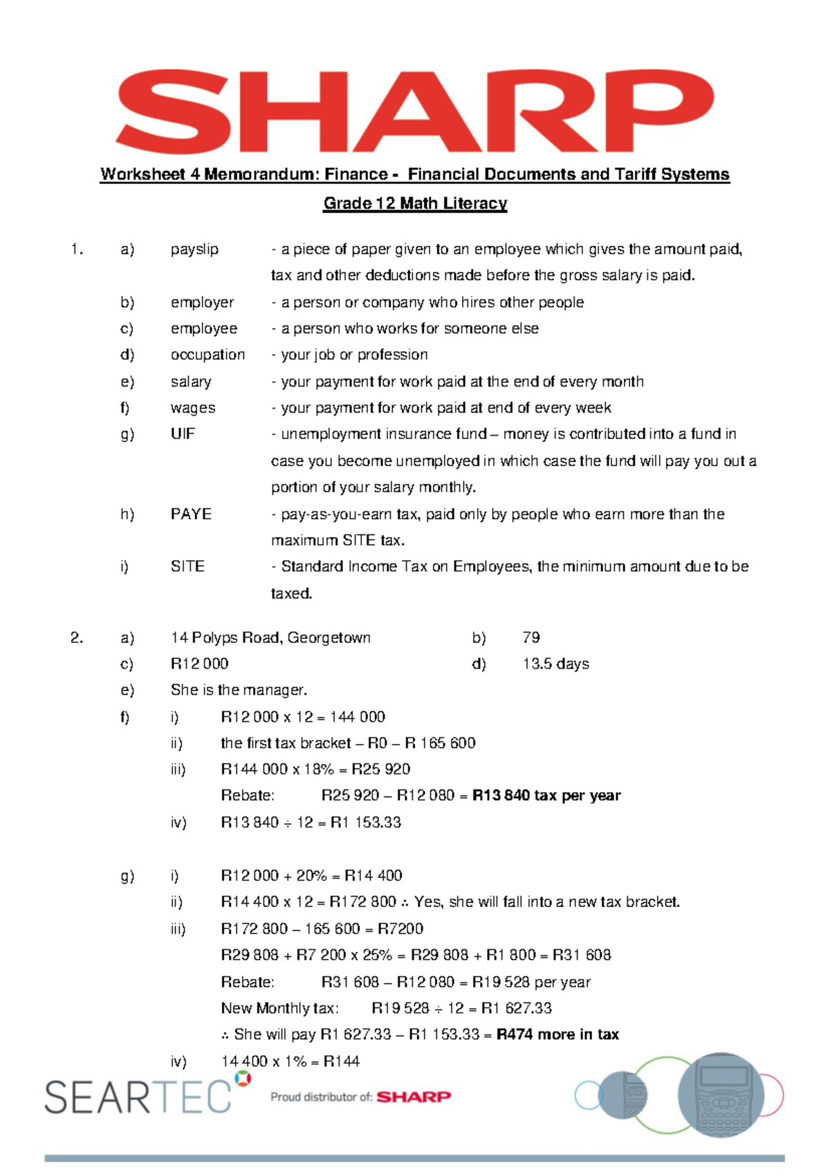 Worksheet 4 Memorandum: Financial Docs & Tariff Systems - Gr 12 Math ...