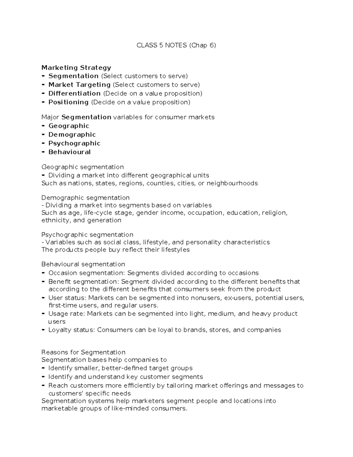 Chapter 5 lecture notes - CLASS 5 NOTES (Chap 6) Marketing Strategy ...