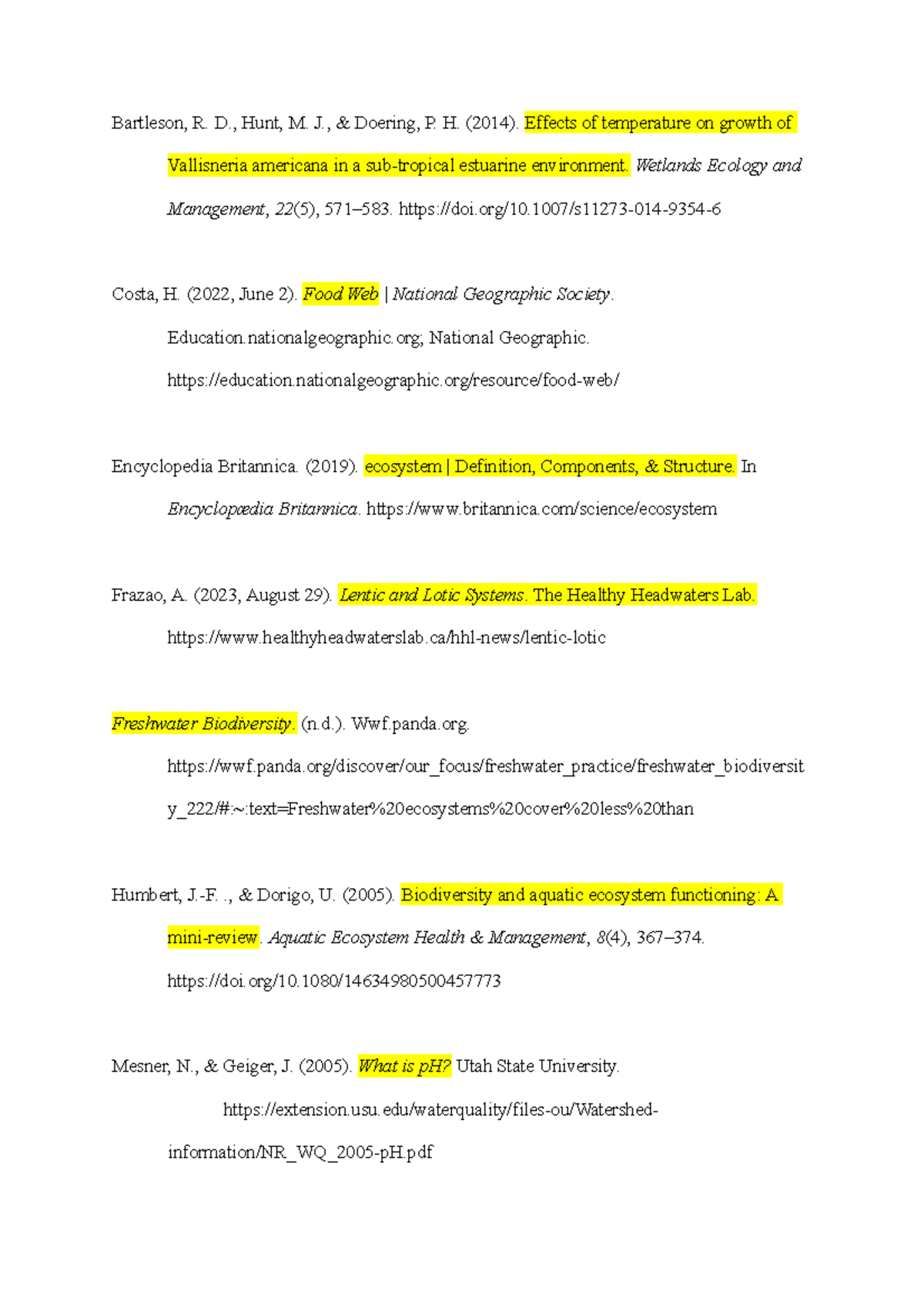 Ecosystem in a Bottle Report: References List of Key Sources - Studocu