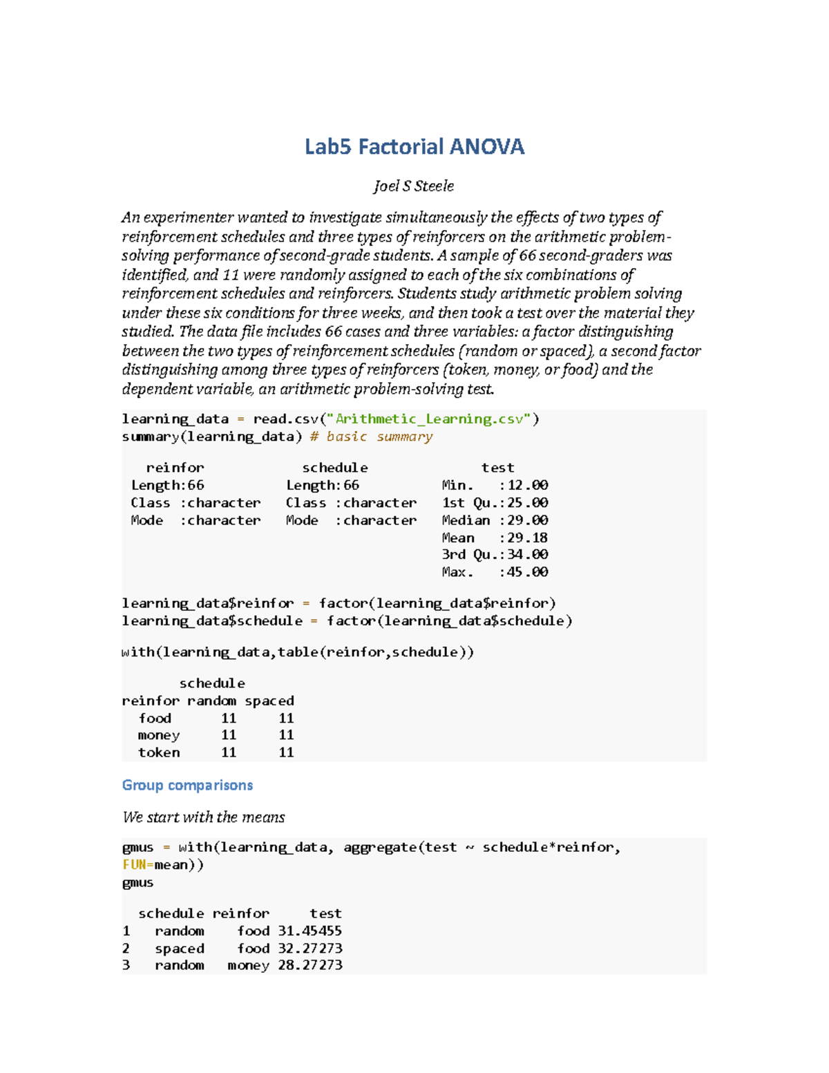 Lab5 Factorial Anova - Summary Computer Science - Lab5 Factorial ANOVA ...