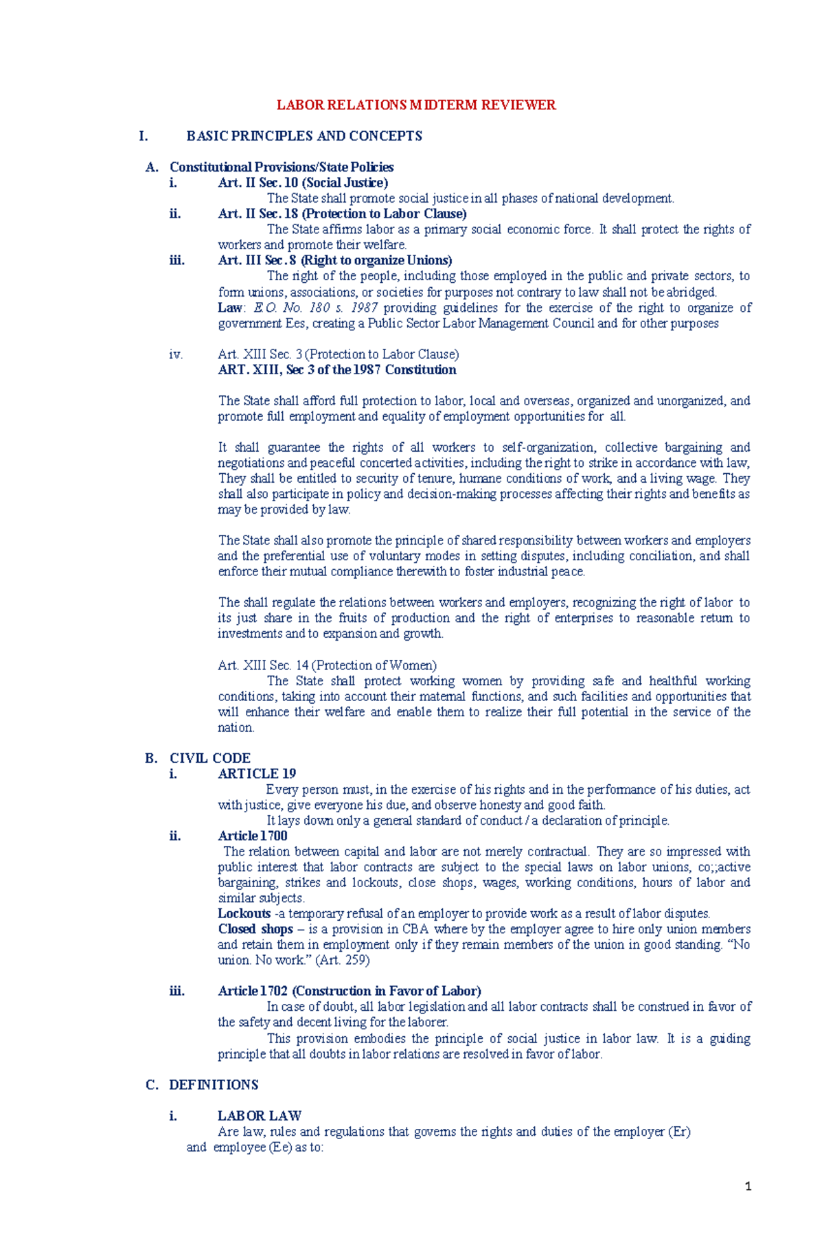 Labor Relations Midterm Reviewer: Key Principles and Concepts - Studocu