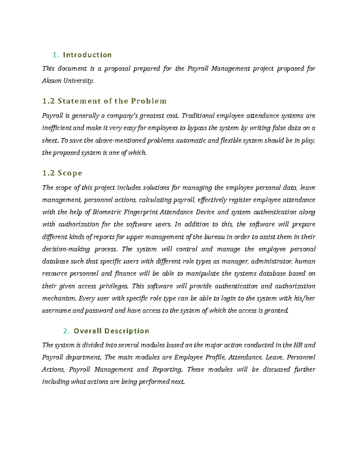 Aksum University Payroll Management Project Proposal Document - Studocu