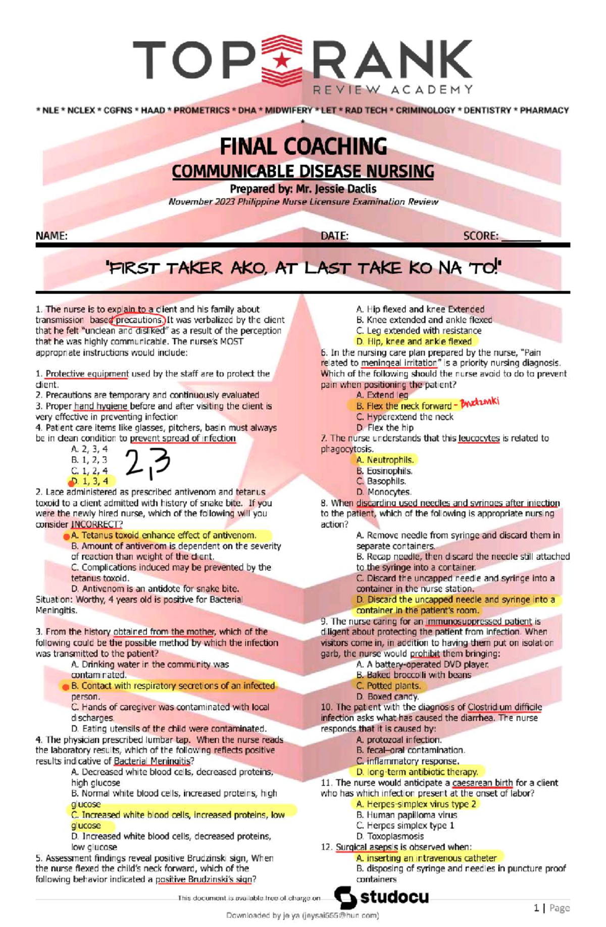Communicable disease notes for nursing exam preparation - Studocu