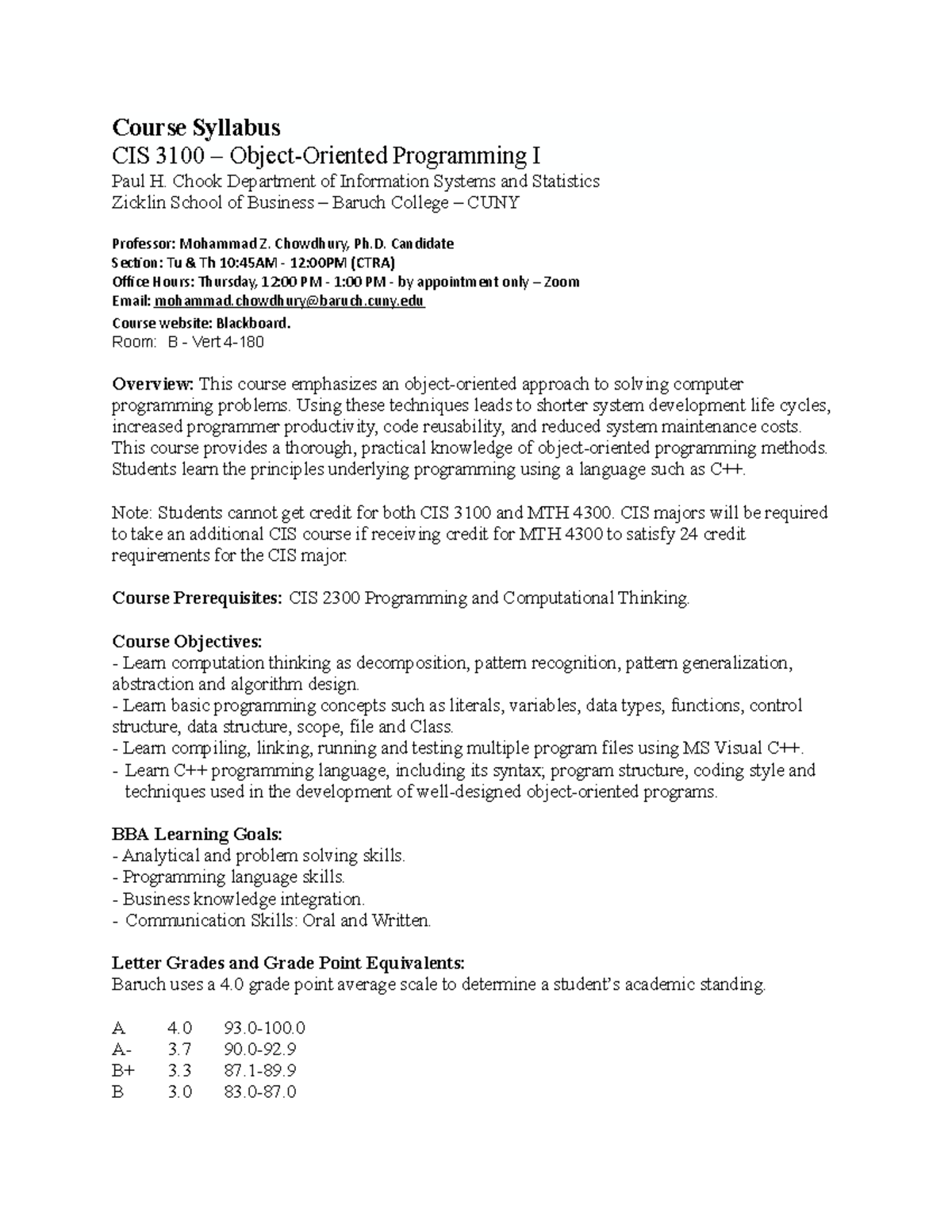 CIS3100 Syllabus - Object-Oriented Programming I, Spring 2022 - Studocu