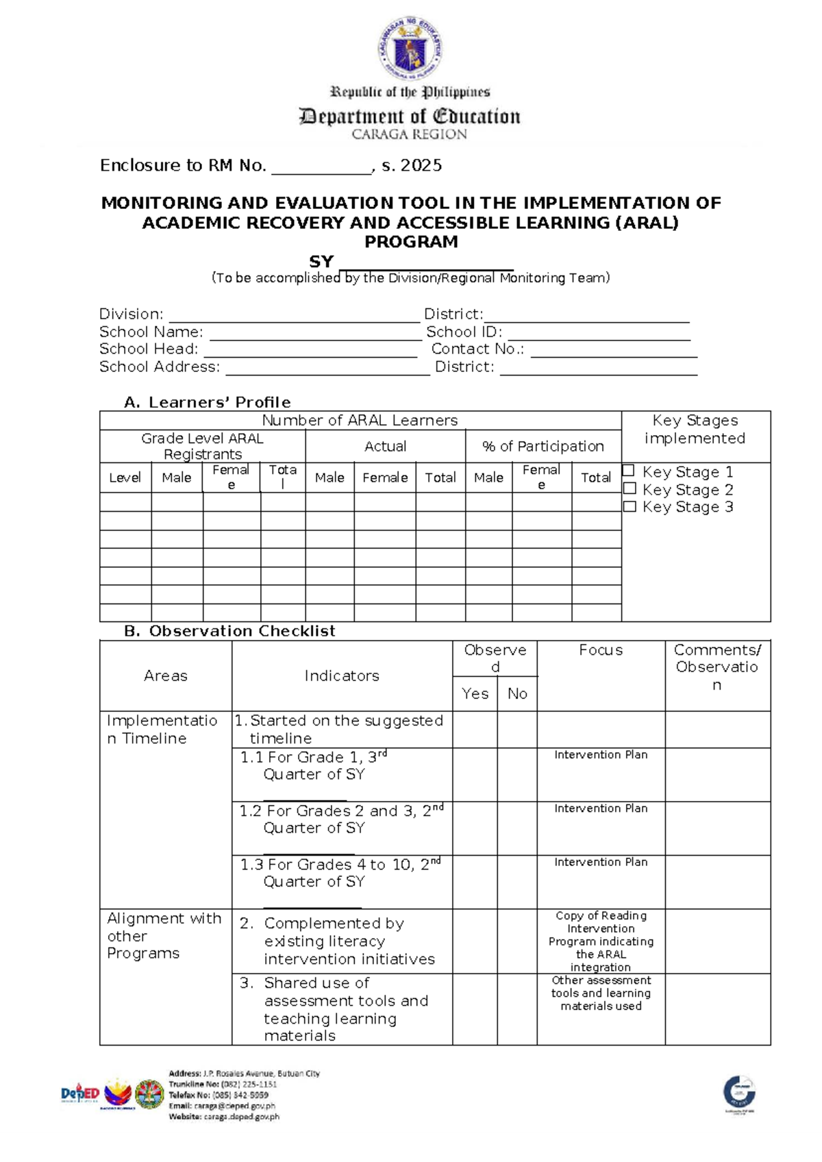 Monitoring and Evaluation Tool for ARAL Program SY 2025 - Studocu