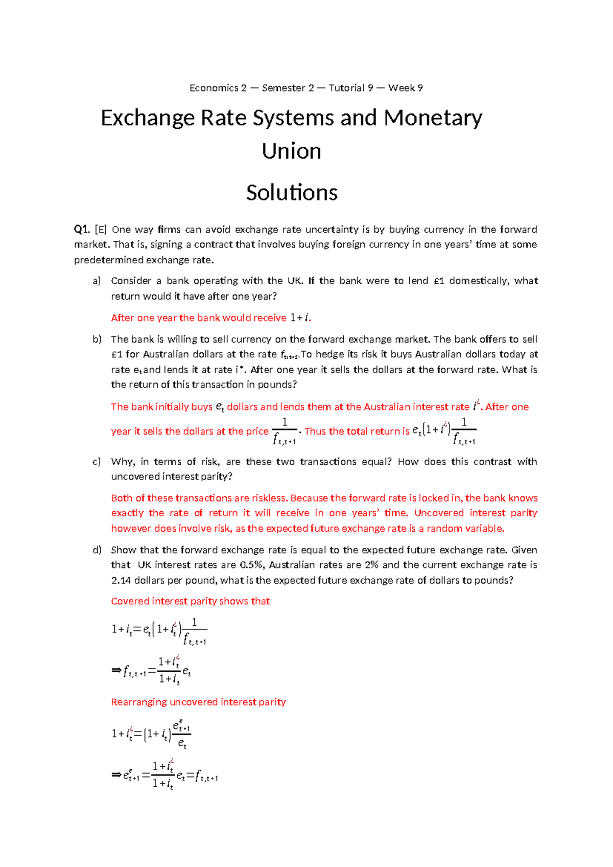 Tutorial 9 - Economics 2 - Macro - Solutions - Economics 2 — Semester 2 ...