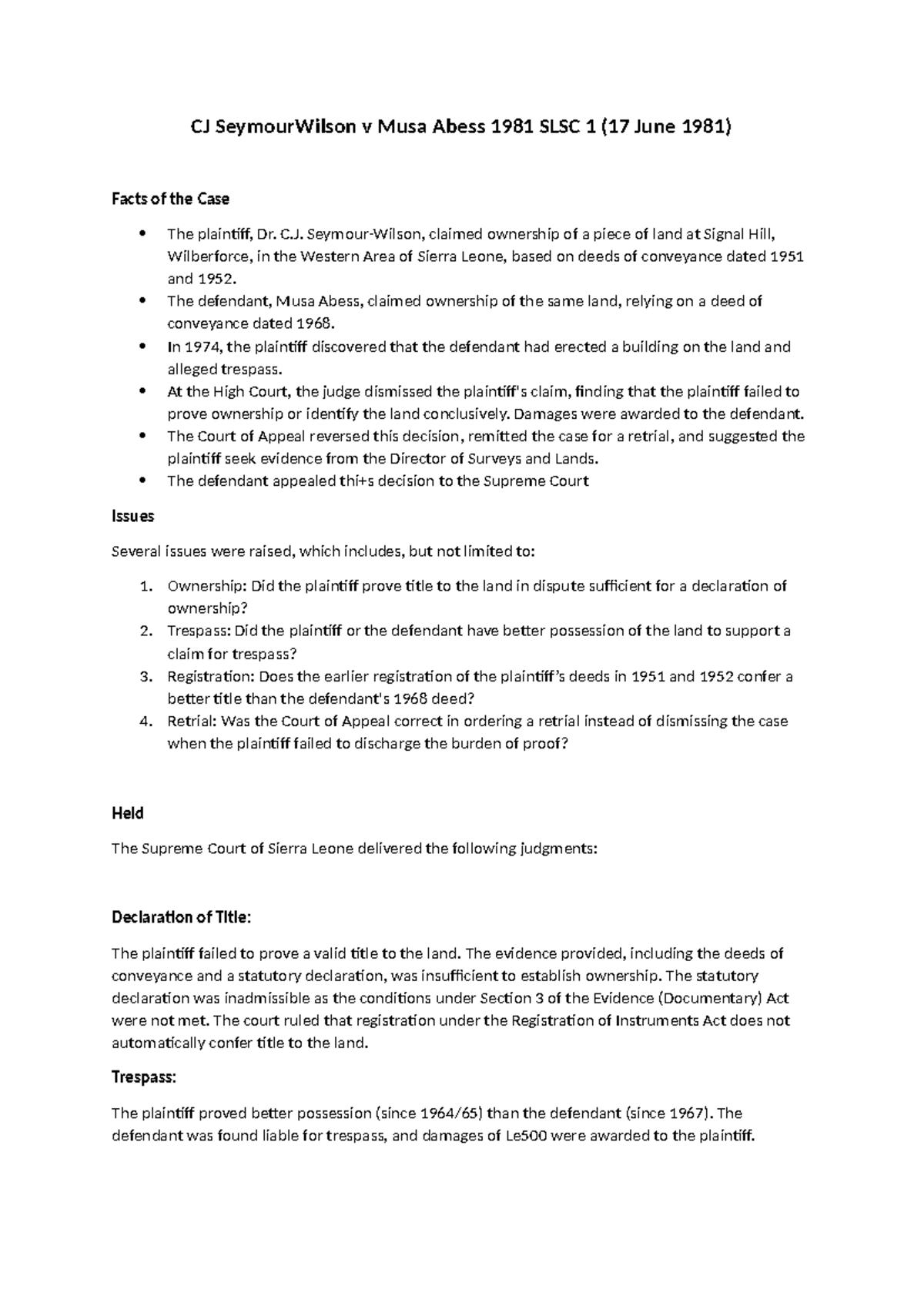 CJ Seymour Wilson v Musa Abess 1981 SLSC 1 (Case Summary) - Studocu