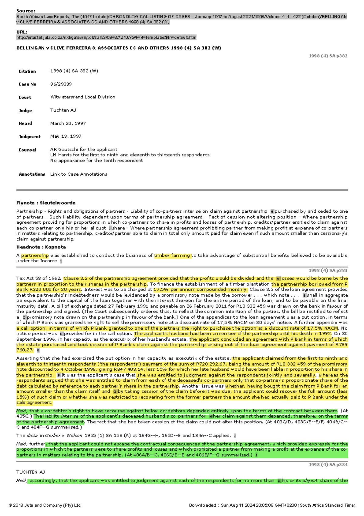 Case Study: Bellingan v Clive Ferreira & Associates CC (1998) 4 SA 382 ...