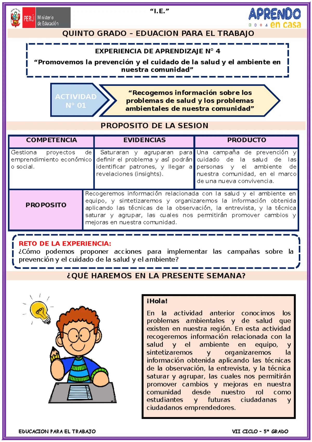 EPT 1° - EDA 4 Sesión DE EPT N° 1 - “I. “ SESIÓN DE APRENDIZAJE 1 ...