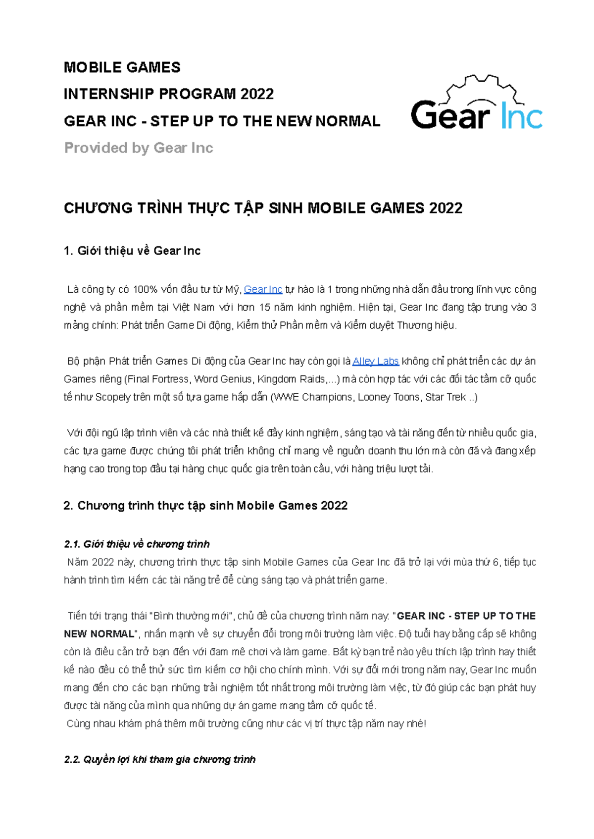 Gear Inc - Mobile Games Internship Program 2022 - Proposal Overview ...
