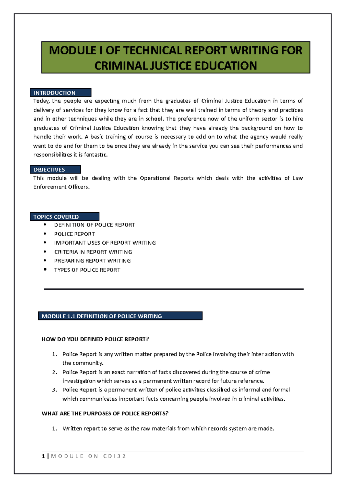 Module III of Technical Report Writing for Criminal Justice Education ...