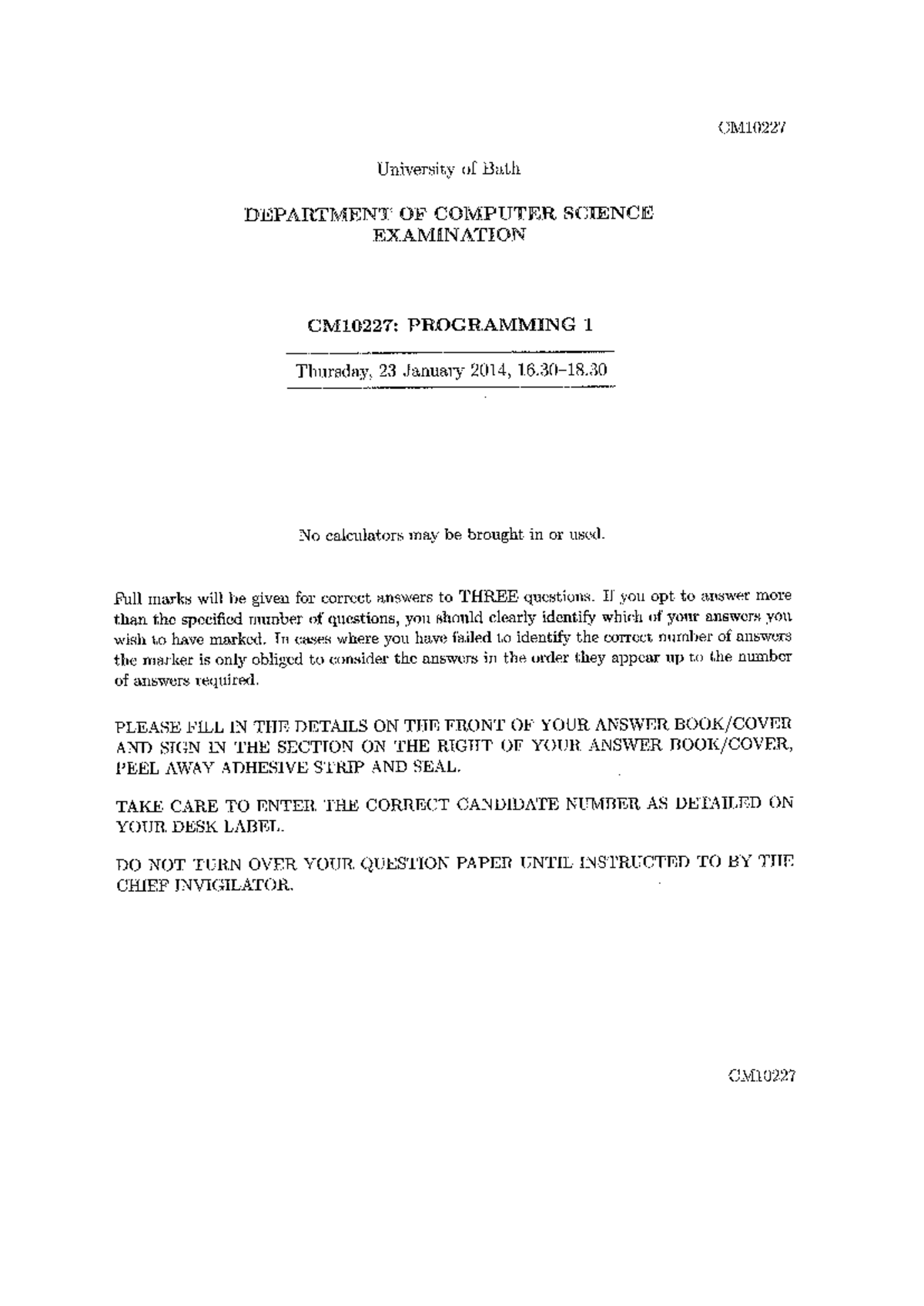 CM10227 Programming 1 Past Exam Paper 2013-14 - Studocu